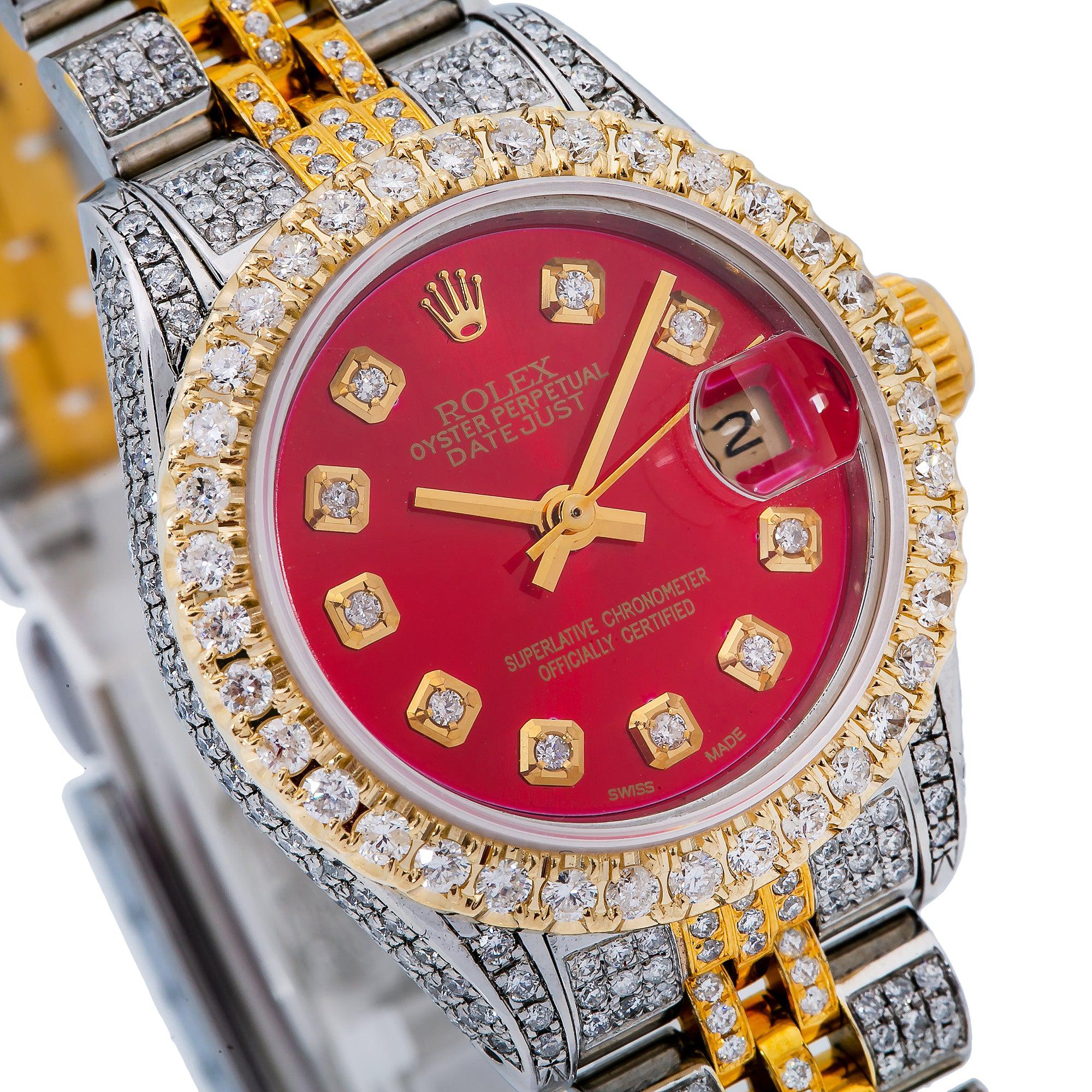 Rolex Datejust 26MM 6917 Red Diamond Dial Diamond Bezel Two Tone Yellow Gold Full Diamond Jubilee Bracelet - Image 4