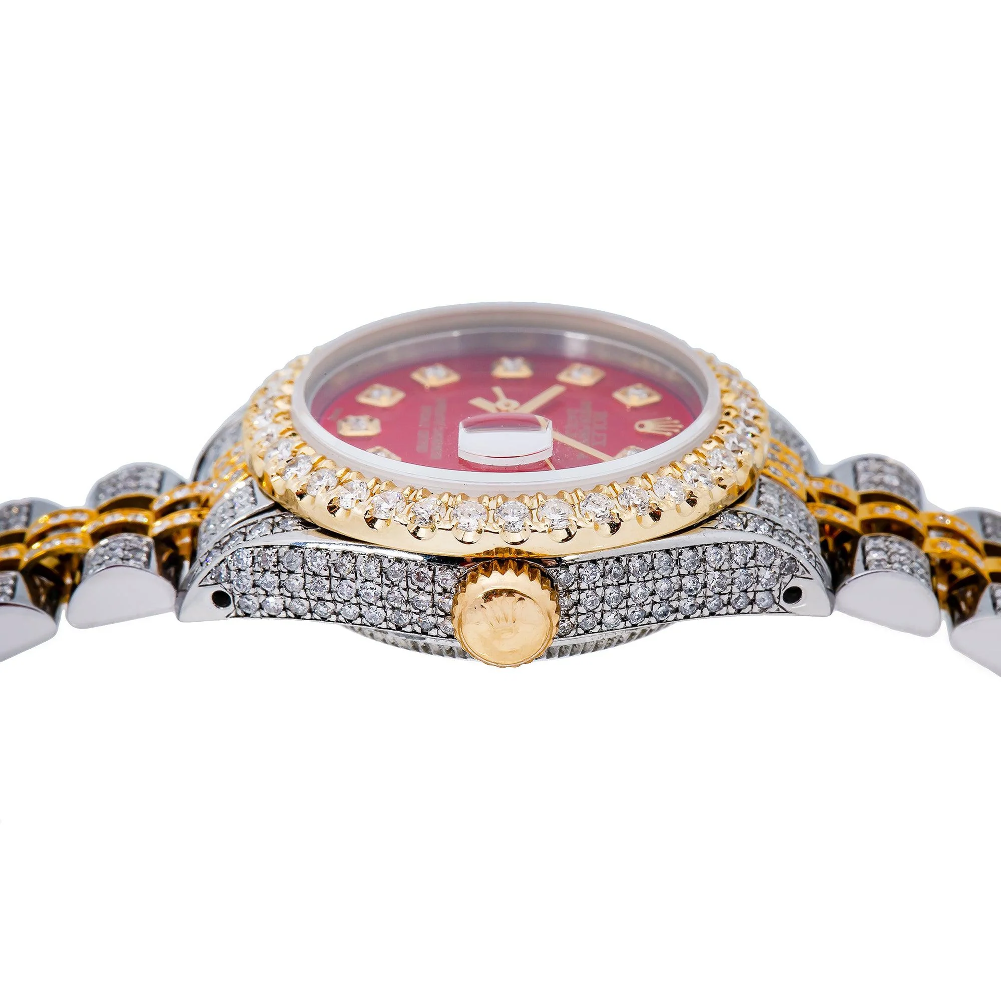 Rolex Datejust 26MM 6917 Red Diamond Dial Diamond Bezel Two Tone Yellow Gold Full Diamond Jubilee Bracelet - Image 5