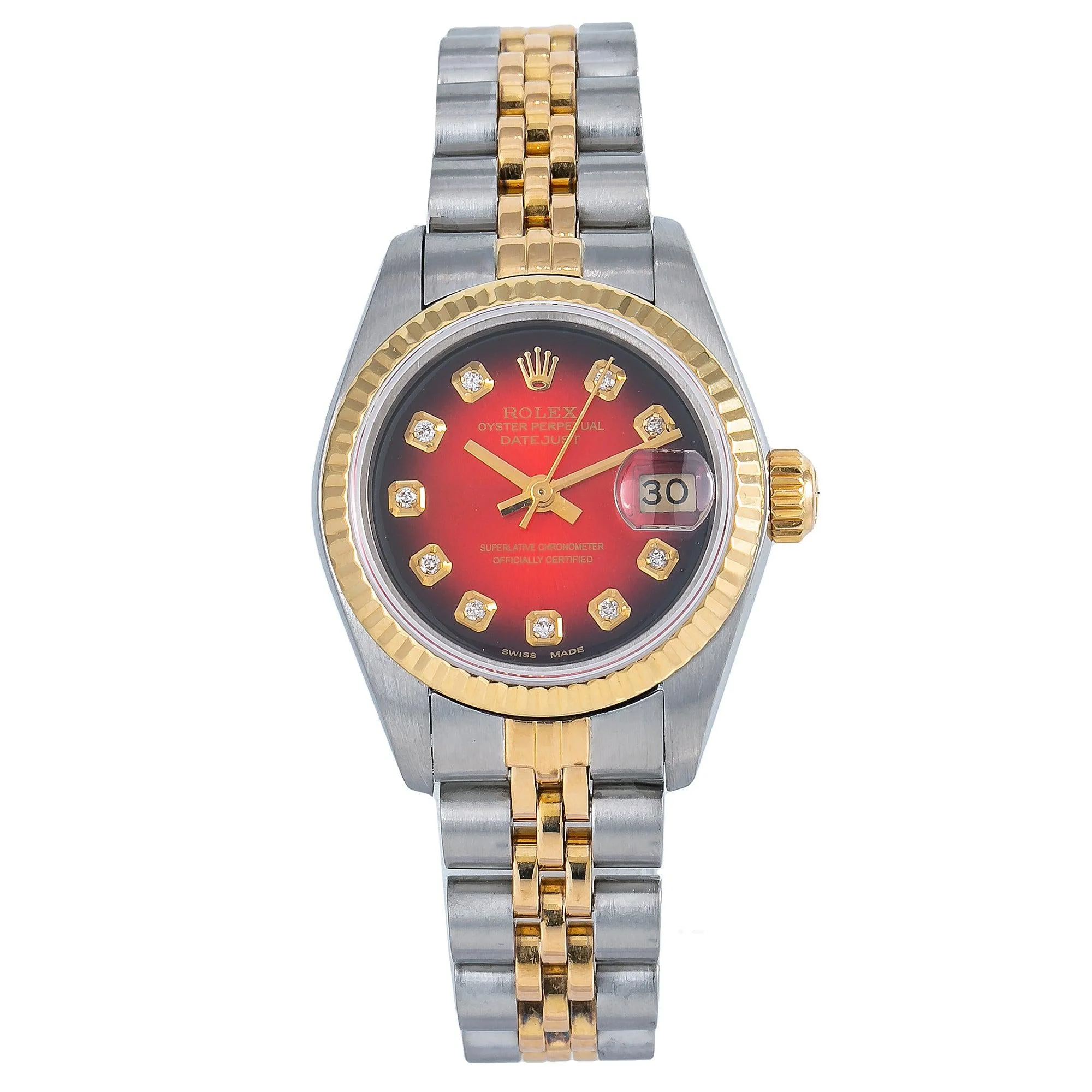 Rolex Datejust 26MM 6917 Red Diamond Dial Fluted Bezel Two Tone Yellow Gold Jubilee Bracelet