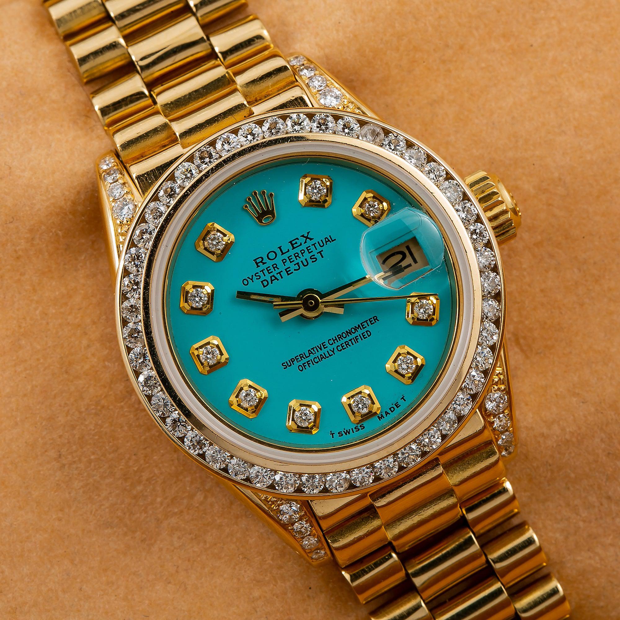 Rolex Datejust 26MM 6917 Turquoise Diamond Dial Diamond Bezel 18K Yellow Gold President Bracelet - Image 2