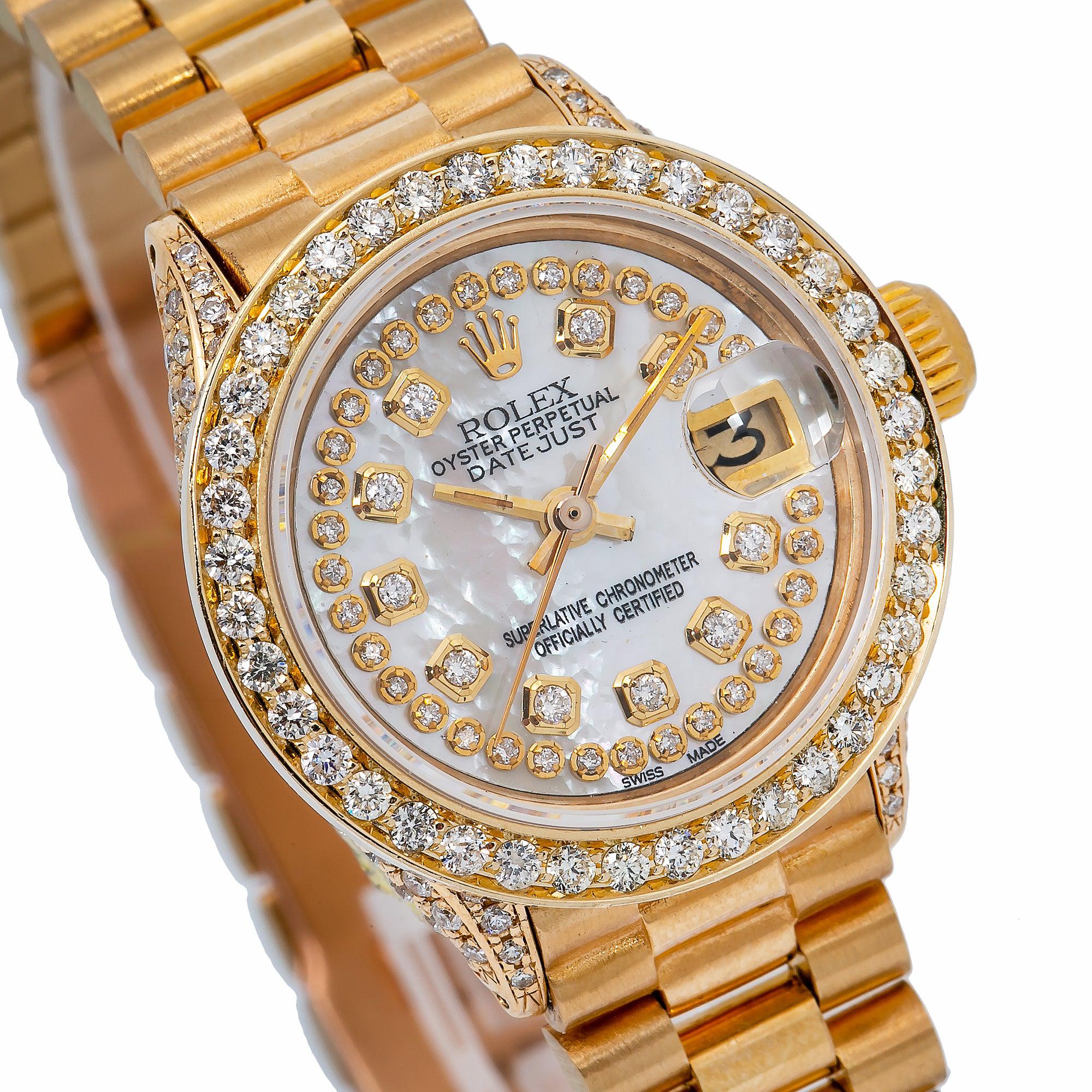 Rolex Datejust 26MM 6917 White Mother of Pearl Diamond Dial Diamond Bezel 18K Yellow Gold President Bracelet - Image 3