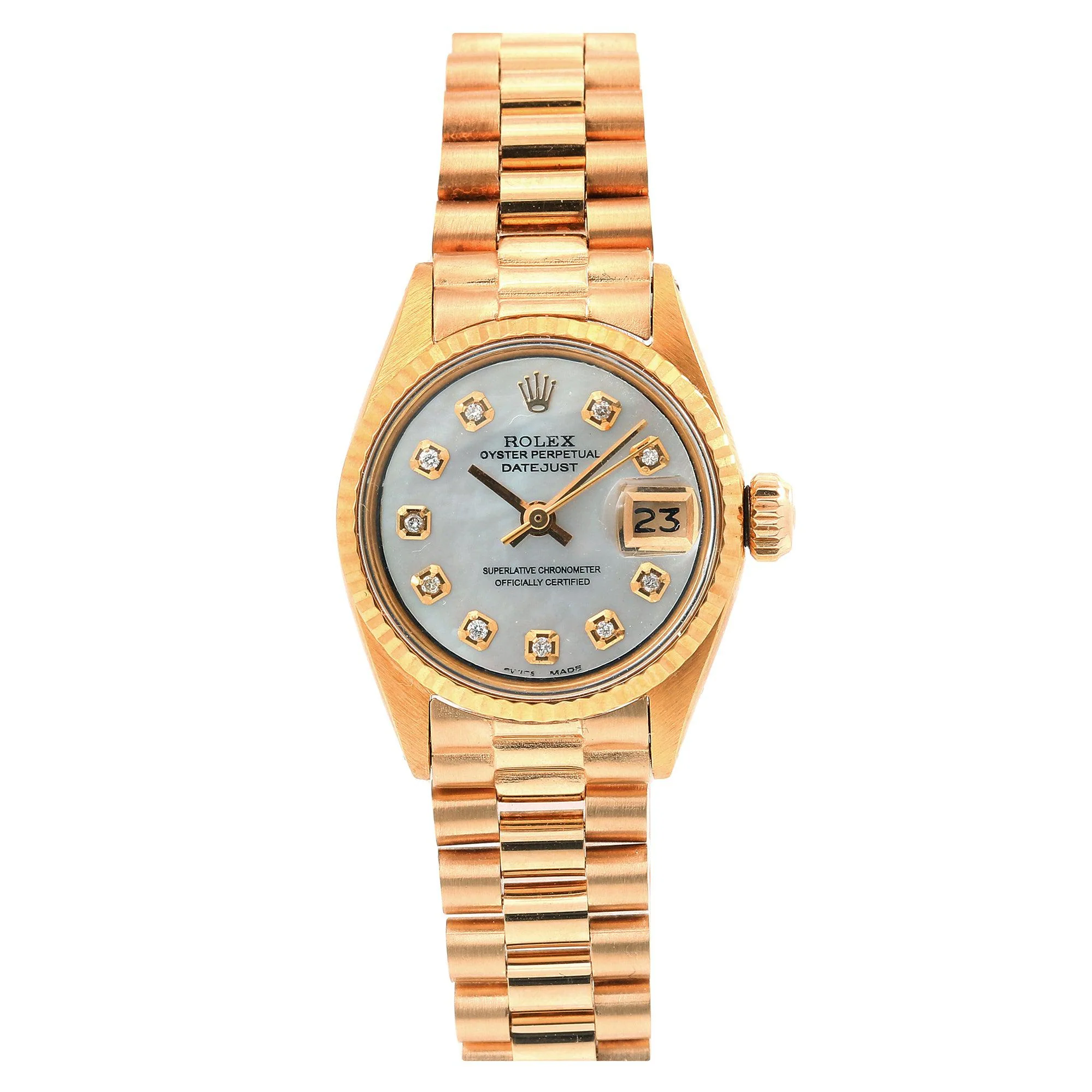 Rolex Datejust 26MM 6917 White Mother of Pearl Diamond Dial Fluted Bezel 18K Yellow Gold President Bracelet