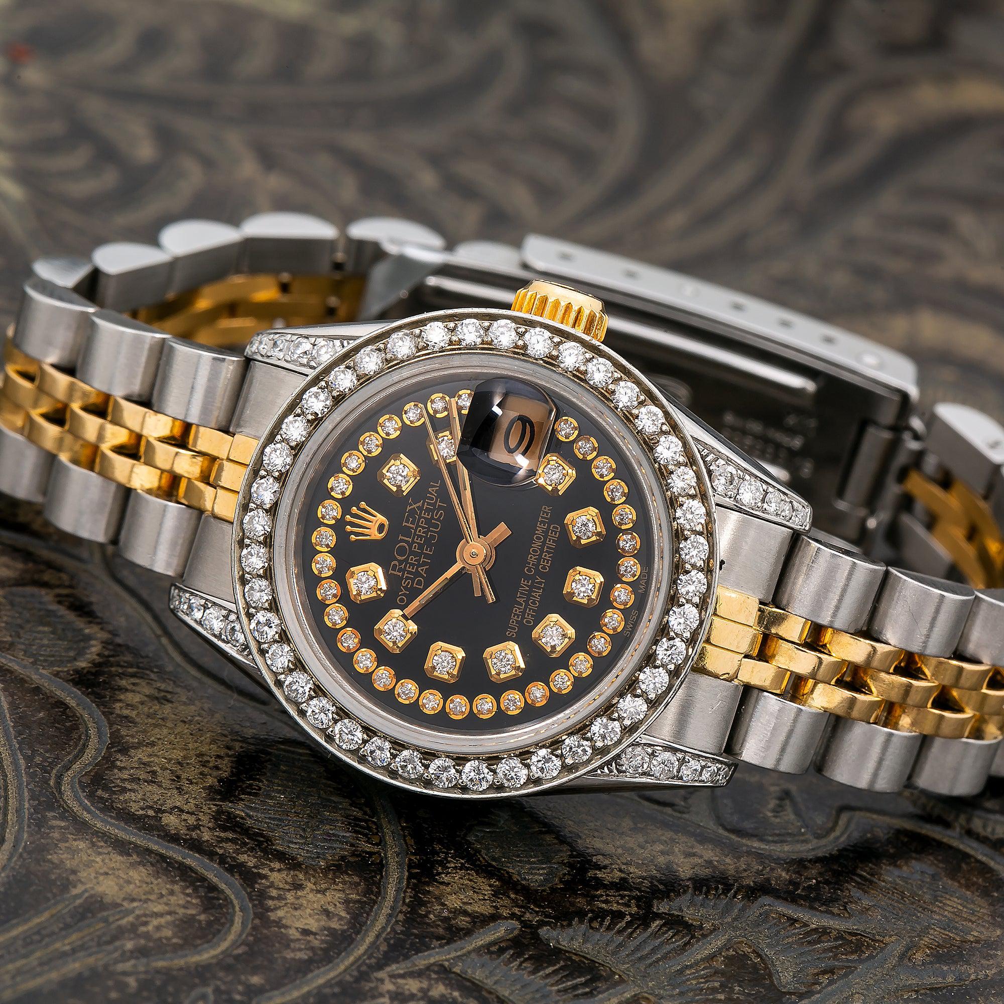 Rolex Datejust 26MM 69173 Black Diamond Dial Diamond Bezel Two Tone Yellow Gold Jubilee Bracelet 1.2ct - Image 4