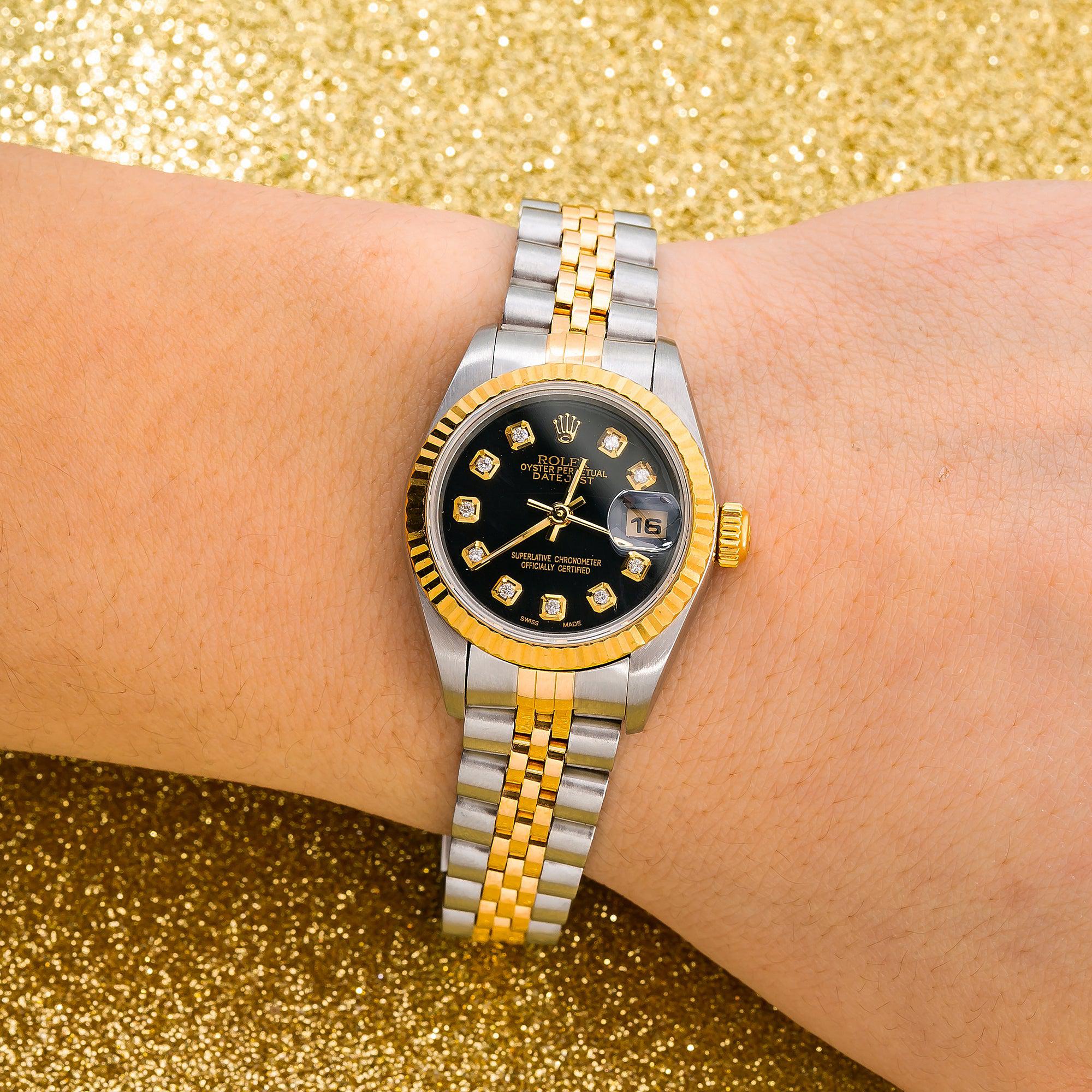 Rolex Datejust 26MM 69173 Black Diamond Dial Fluted Bezel Two Tone Yellow Gold Jubilee Bracelet - Image 2