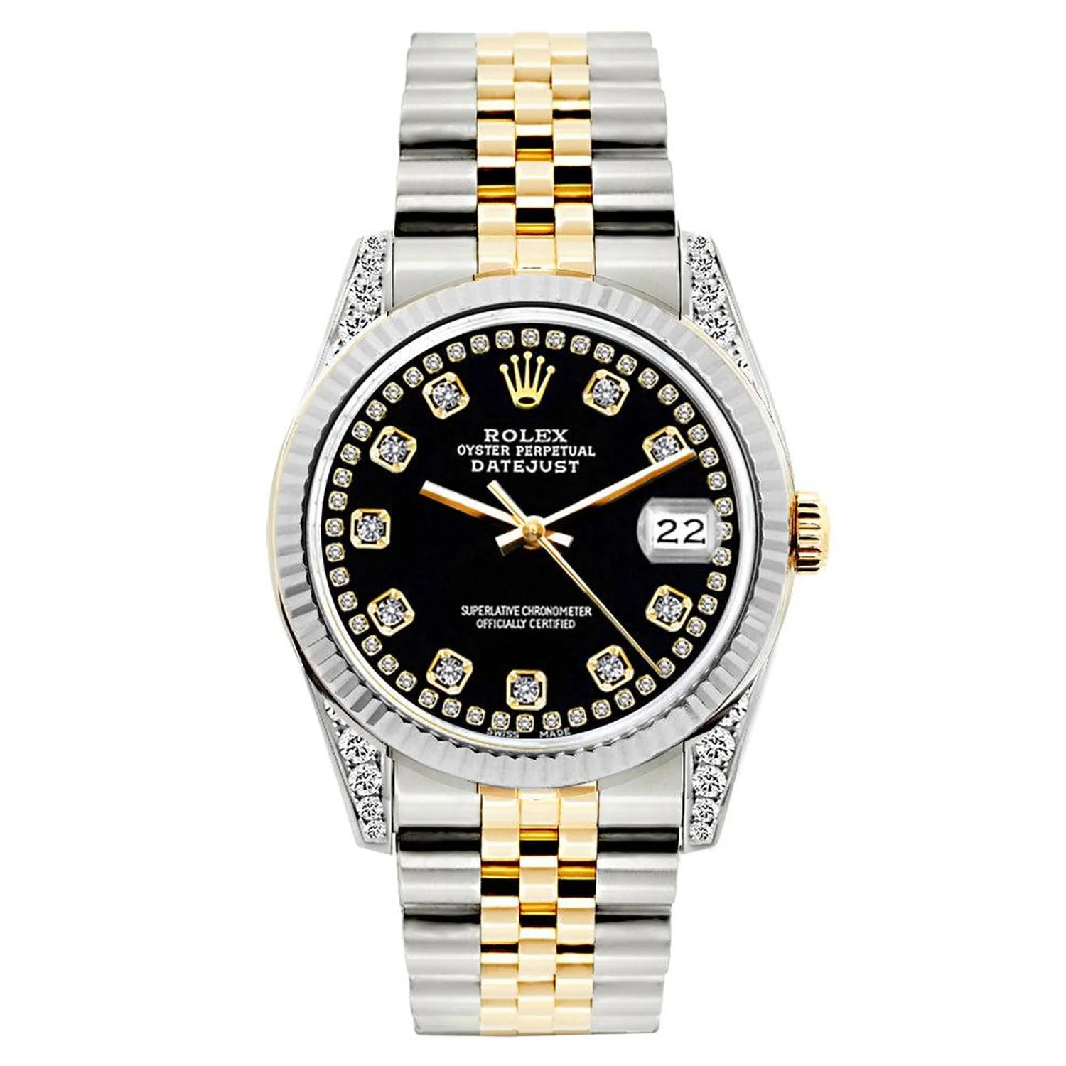 Rolex Datejust 26MM 69173 Black Diamond Dial Fluted Bezel Two Tone Yellow Gold Jubilee Bracelet