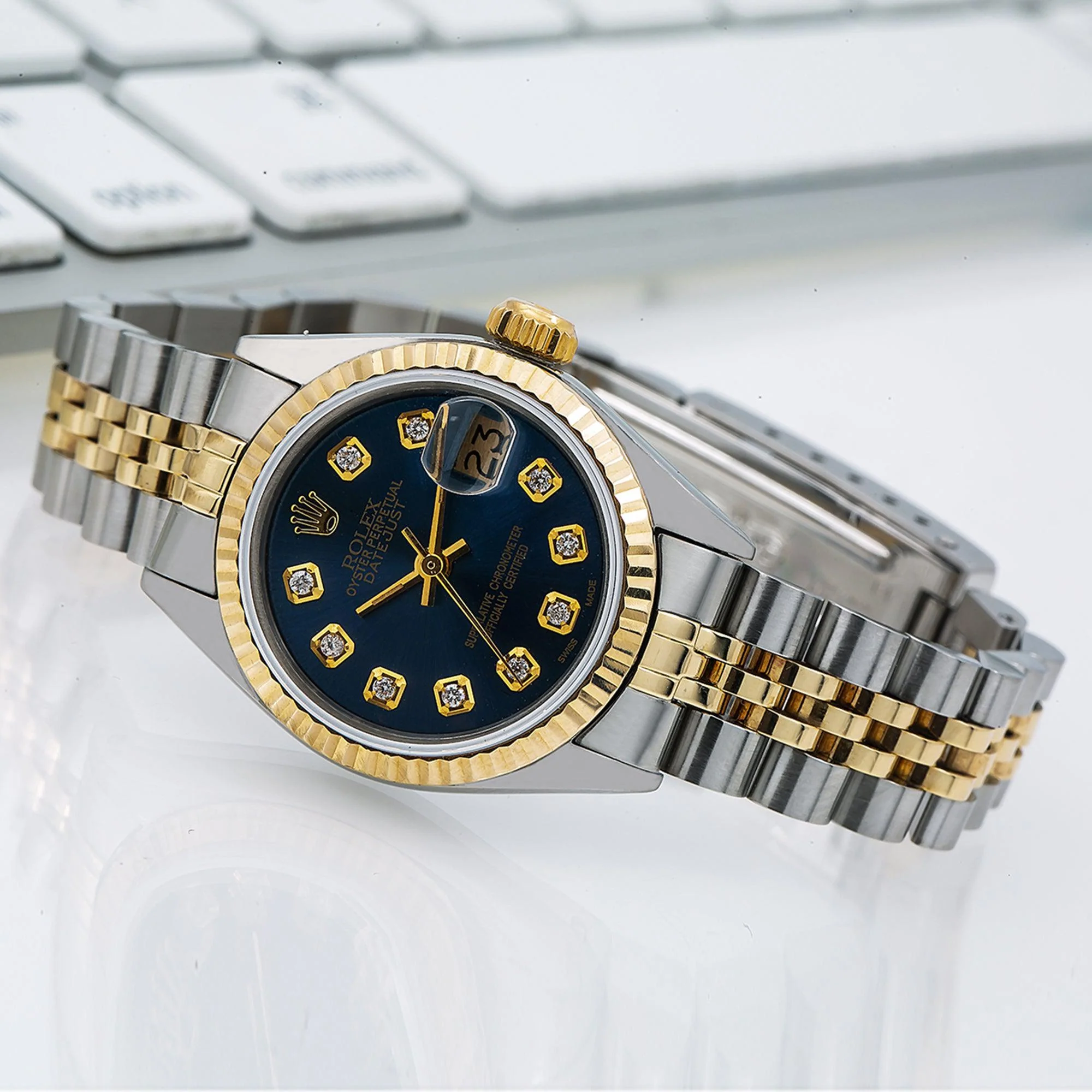 Rolex Datejust 26MM 69173 Blue Diamond Dial Fluted Bezel Two Tone Yellow Gold Jubilee Bracelet - Image 2