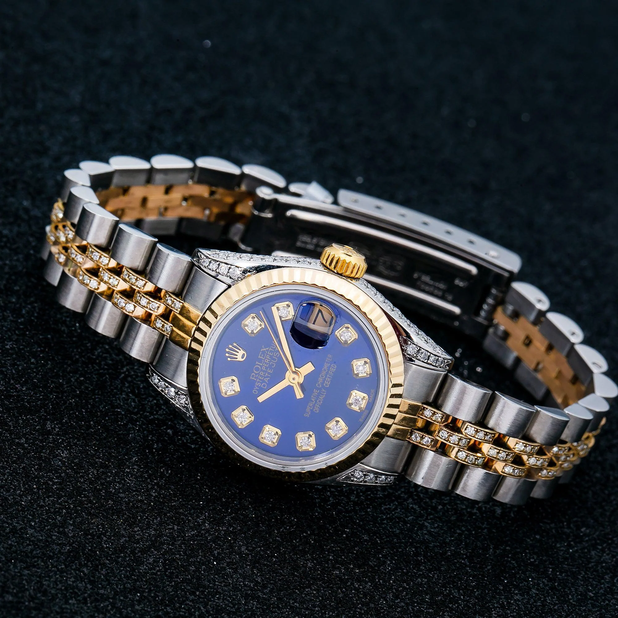 Rolex Datejust 26MM 69173 Blue Diamond Dial Fluted Bezel Two Tone Yellow Gold Semi Diamond Jubilee Bracelet - Image 4