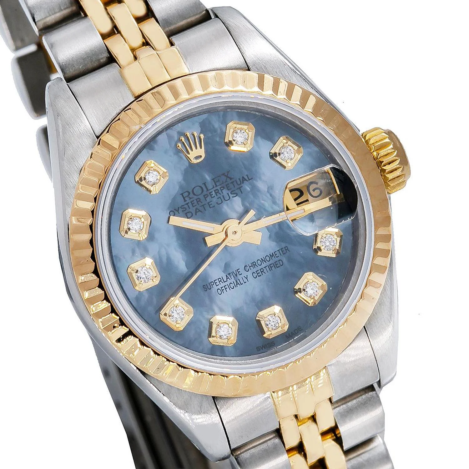 Rolex Datejust 26MM 69173 Blue Mother of Pearl Diamond Dial Fluted Bezel Two Tone Yellow Gold Jubilee Bracelet - Image 3