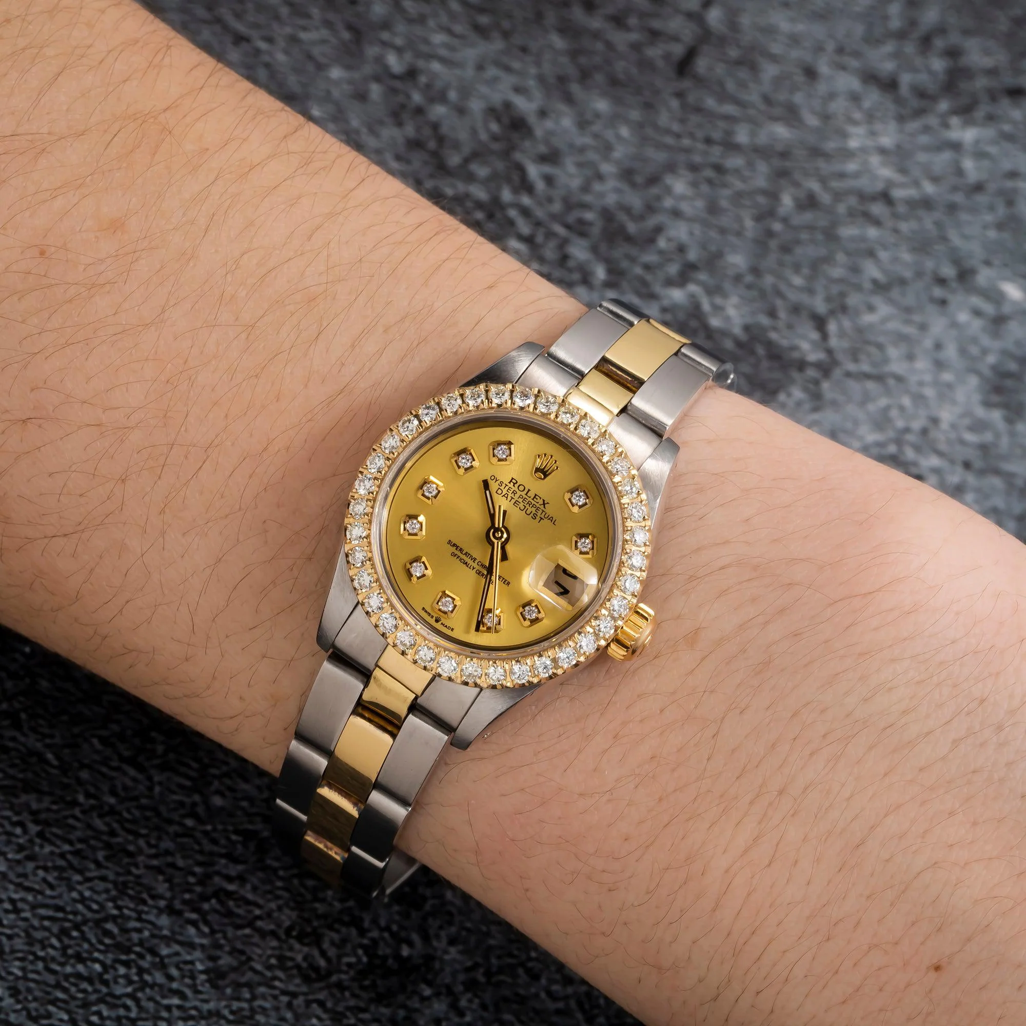 Rolex Datejust 26MM 69173 Champagne Diamond Dial Diamond Bezel Two Tone Yellow Gold Oyster Bracelet - Image 2