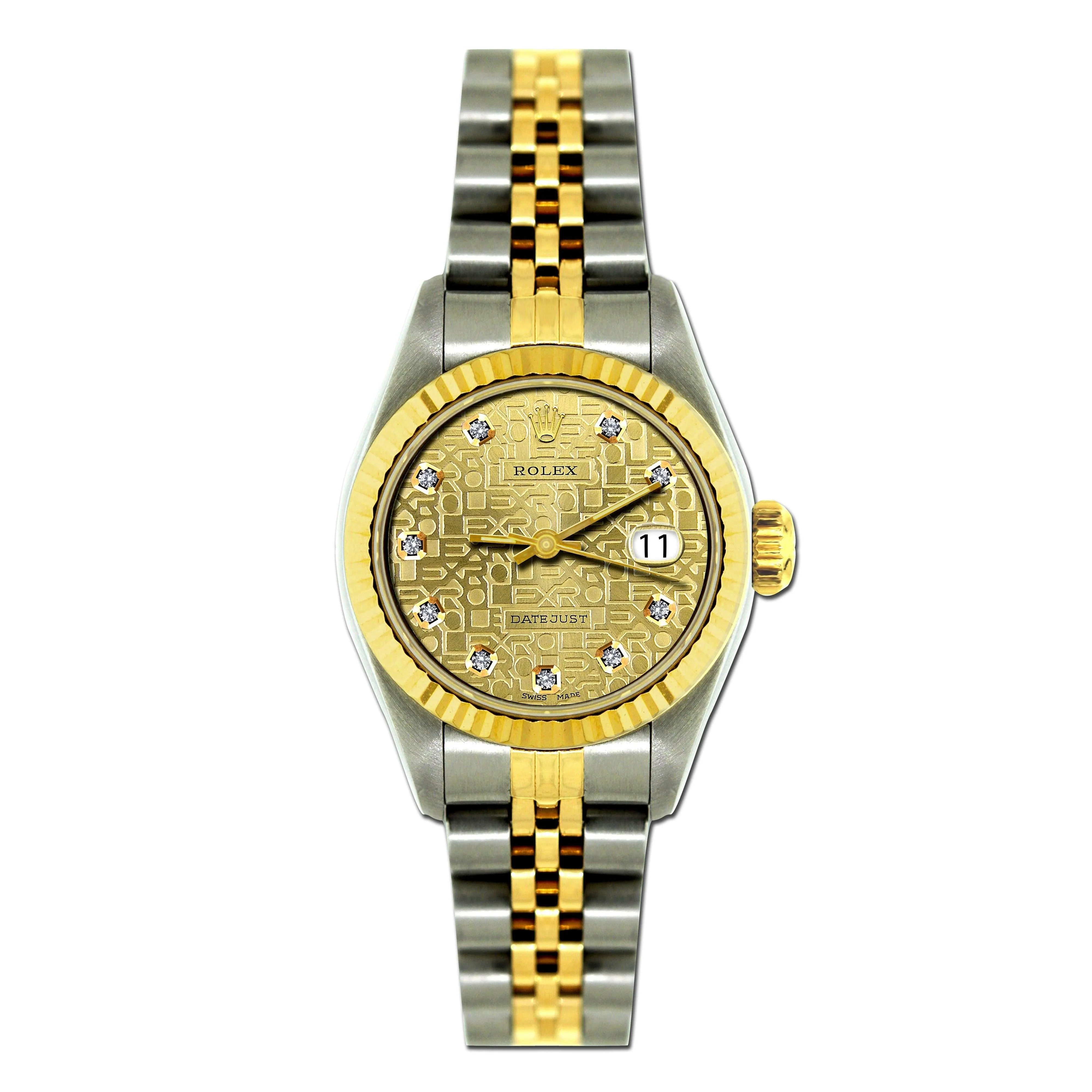 Rolex Datejust 26MM 69173 Champagne Pattern Diamond Dial Fluted Bezel Two Tone Yellow Gold Jubilee Bracelet