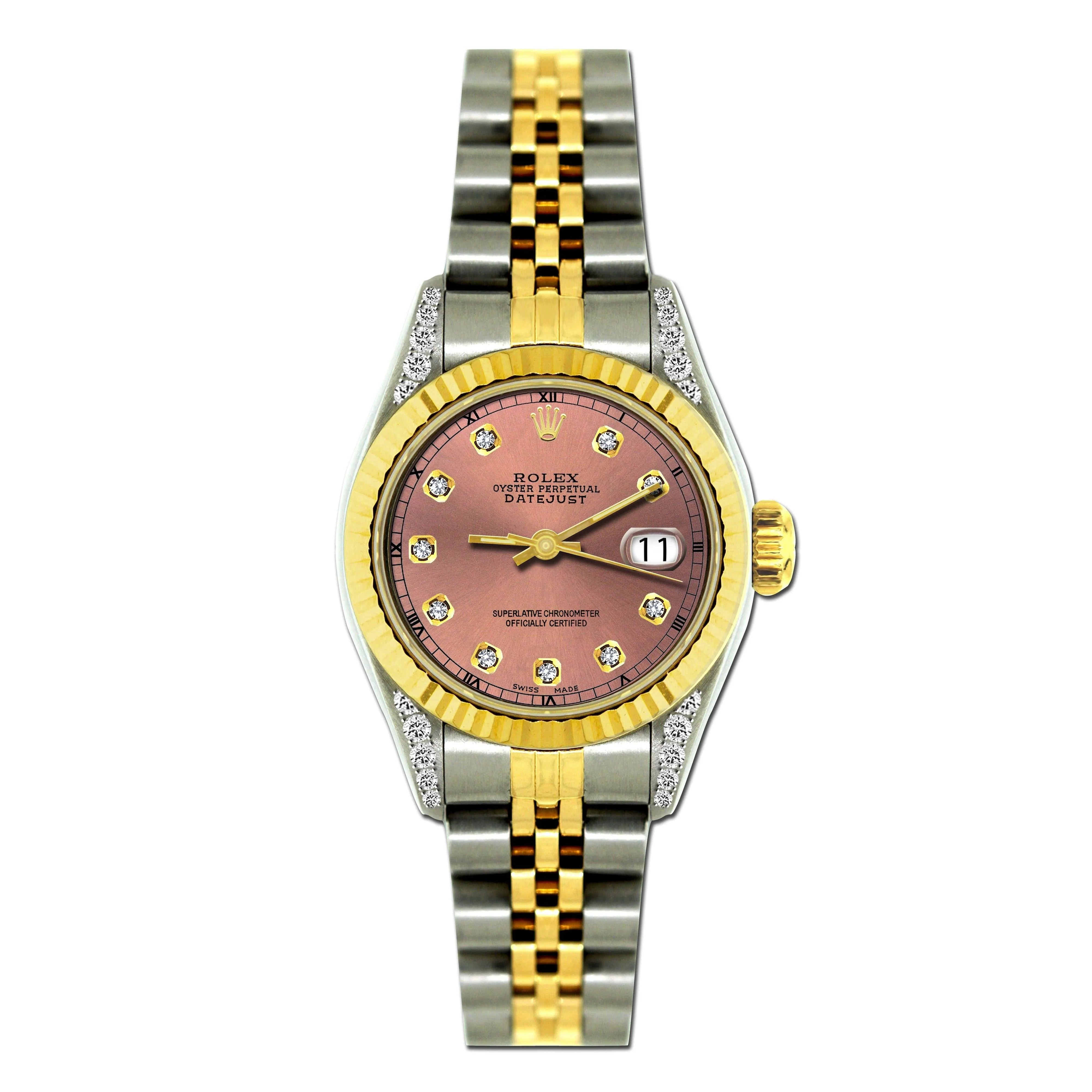 Rolex Datejust 26MM 69173 Everose Diamond Dial Fluted Bezel Two Tone Yellow Gold Jubilee Bracelet