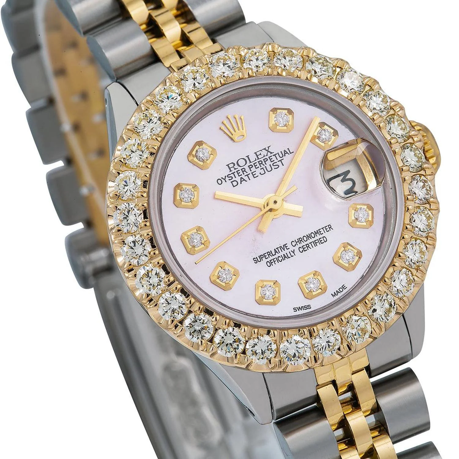 Rolex Datejust 26MM 69173 Pink Mother of Pearl Diamond Dial Diamond Bezel Two Tone Yellow Gold Jubilee Bracelet - Image 3