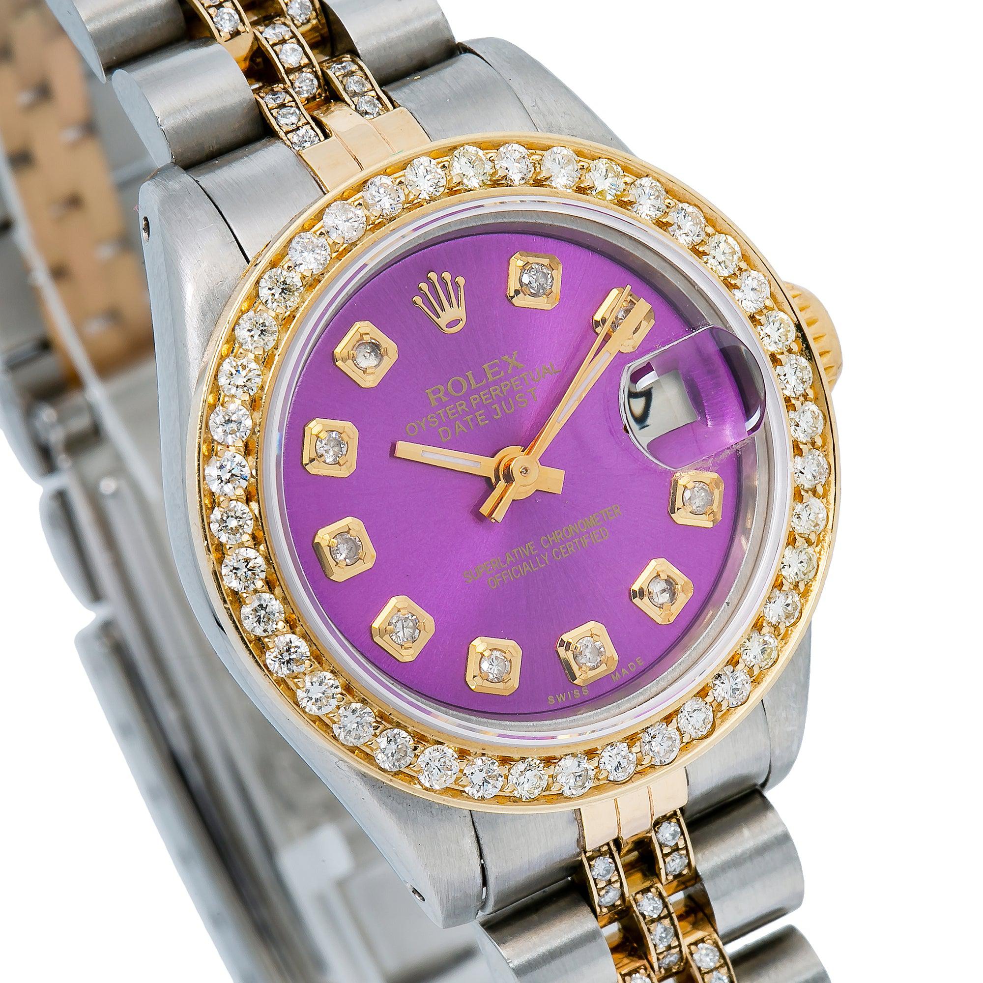 Rolex Datejust 26MM 69173 Purple Diamond Dial Diamond Bezel Two Tone Yellow Gold Semi Diamond Jubilee Bracelet - Image 3