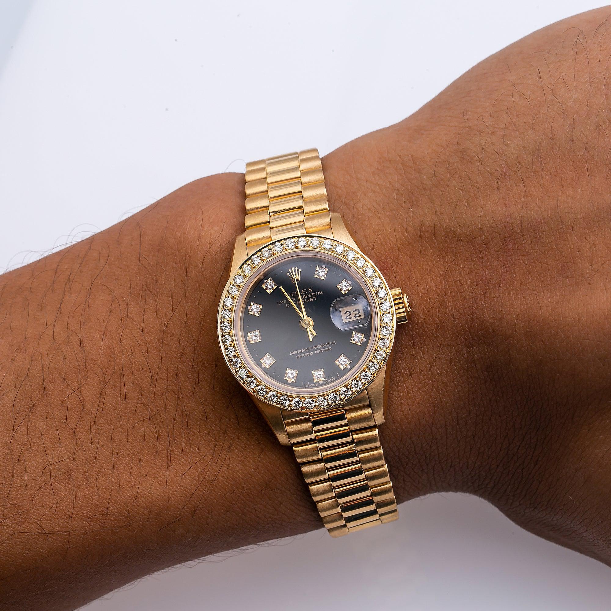 Rolex Datejust 26MM 69178 Black Diamond Dial Diamond Bezel 18K Yellow Gold President Bracelet - Image 2