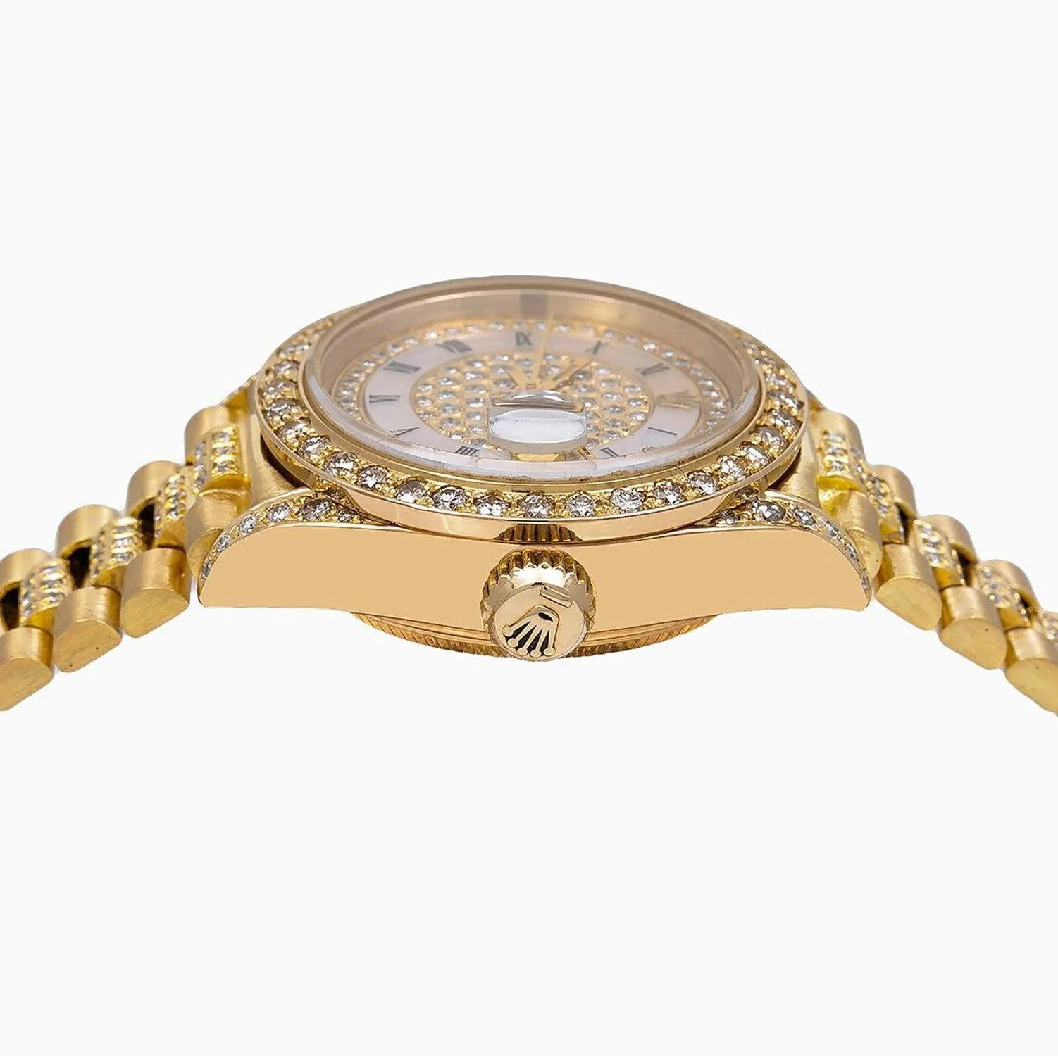 Rolex Datejust 26MM 69178 Diamond Paved White Mother of Pearl Roman Dial Diamond Bezel 18K Yellow Gold President Bracelet - Image 4