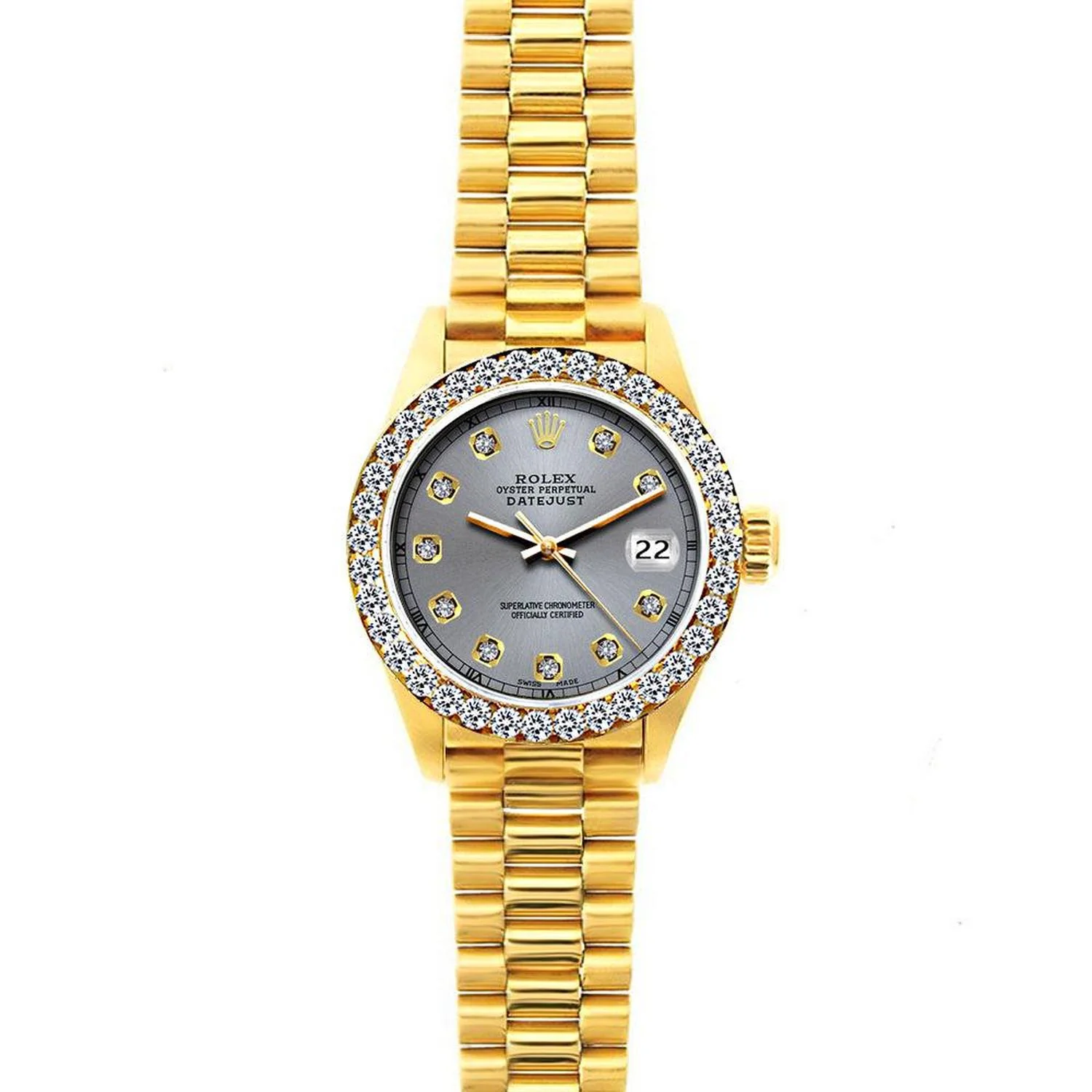 Rolex Datejust 26MM 69178 Gray Diamond Dial Diamond Bezel 18K Yellow Gold President Bracelet 1.2ct