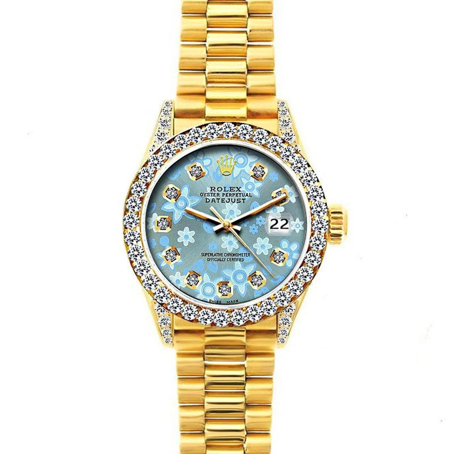 Rolex Datejust 26MM 69178 Ice Blue Floral Diamond Dial Diamond Bezel 18K Yellow Gold President Bracelet 1.2ct