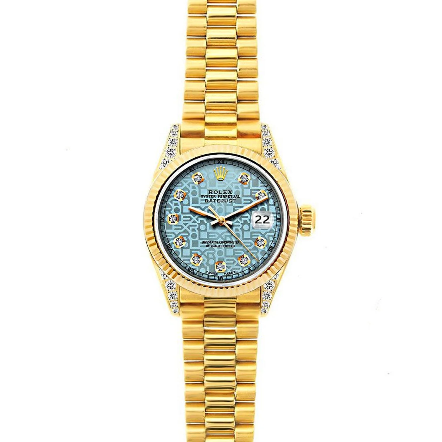 Rolex Datejust 26MM 69178 Ice Blue Pattern Diamond Dial Fluted Bezel 18K Yellow Gold President Bracelet