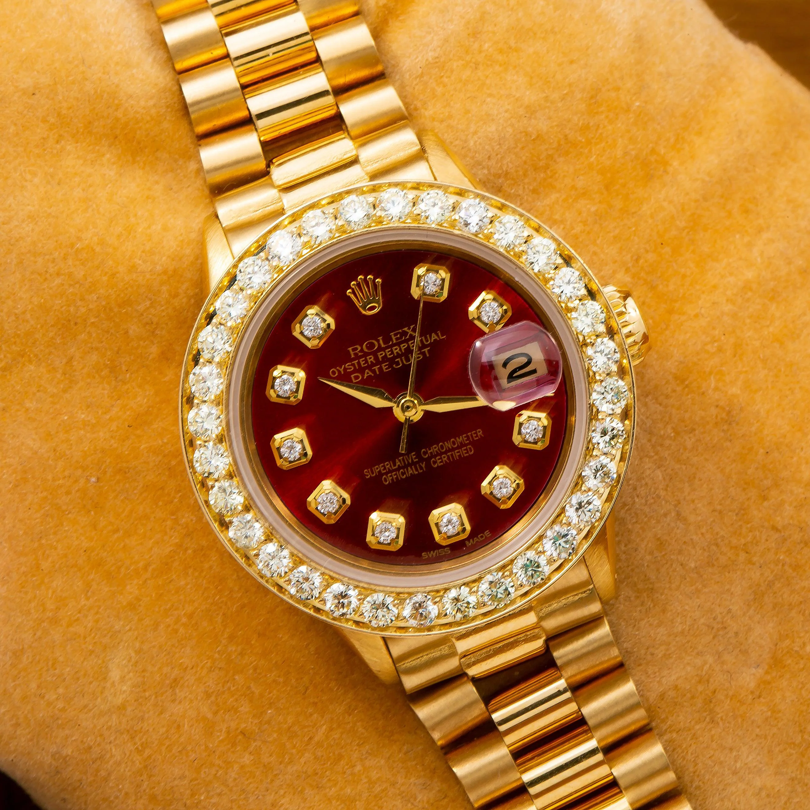 Rolex Datejust 26MM 69178 Red Diamond Dial Diamond Bezel 18K Yellow Gold President Bracelet 0.95ct - Image 2
