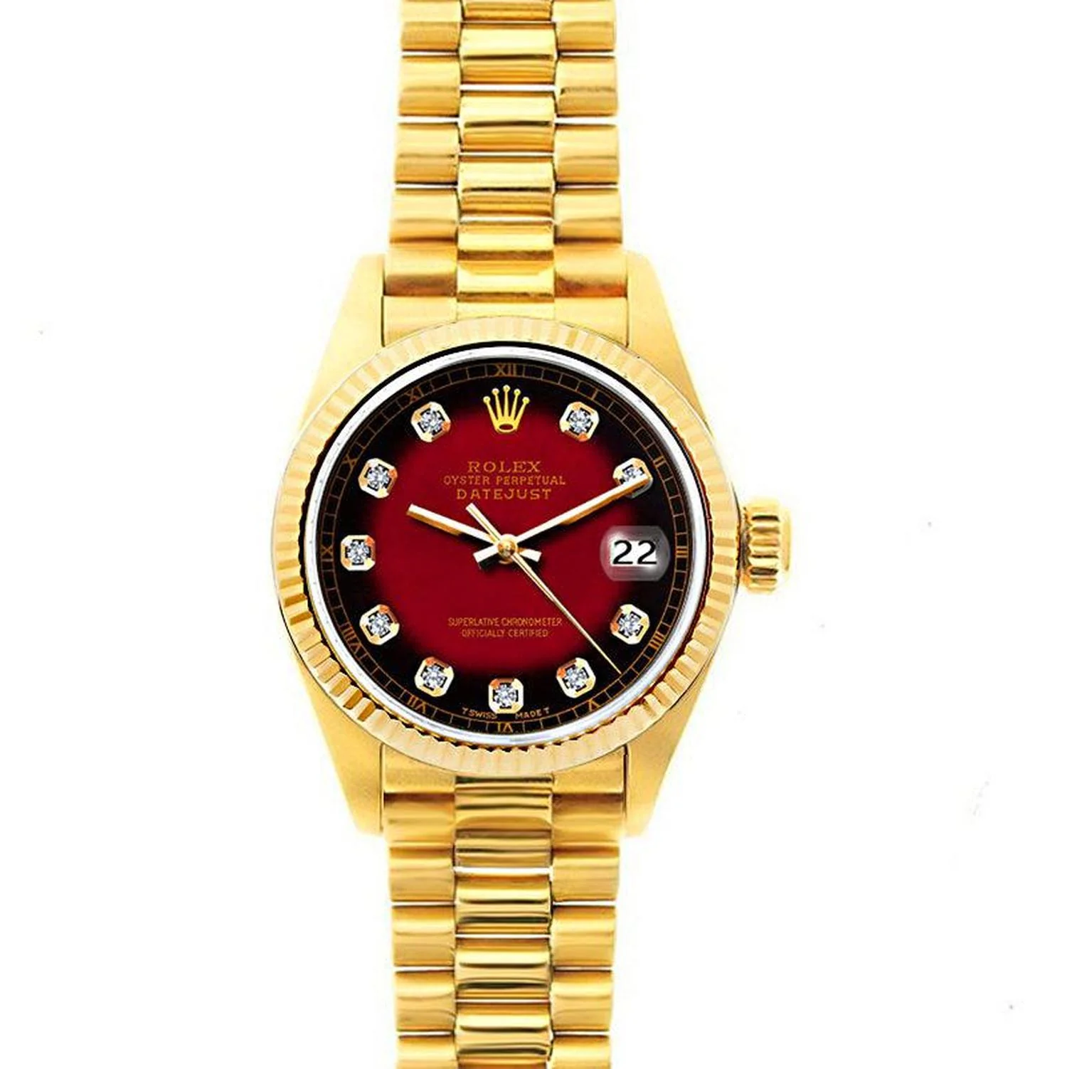 Rolex Datejust 26MM 69178 Red Diamond Dial Fluted Bezel 18K Yellow Gold President Bracelet