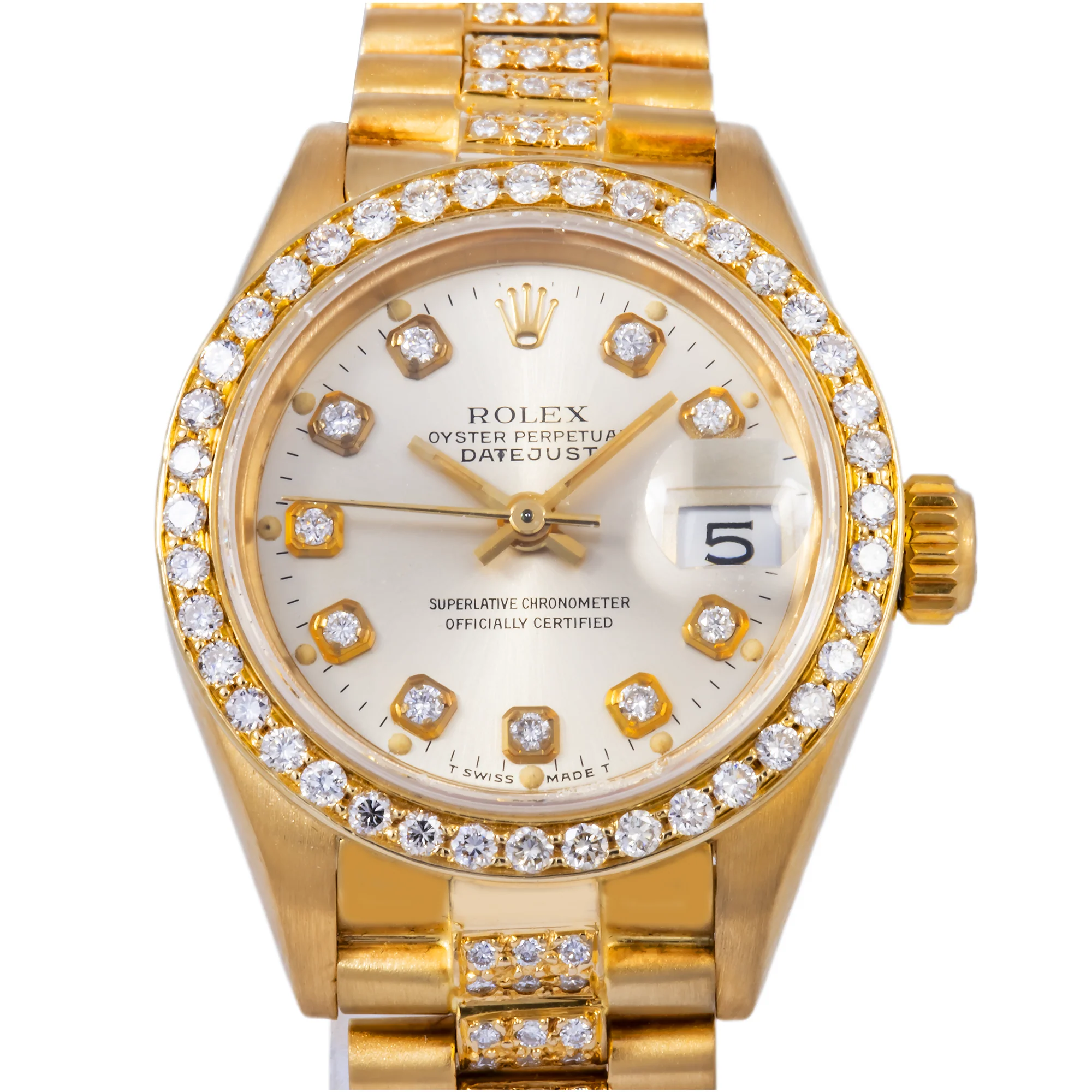 Rolex Datejust 26MM 69178 White Mother of Pearl Diamond Dial Diamond Bezel 18K Yellow Gold Semi Diamond President Bracelet - Image 3