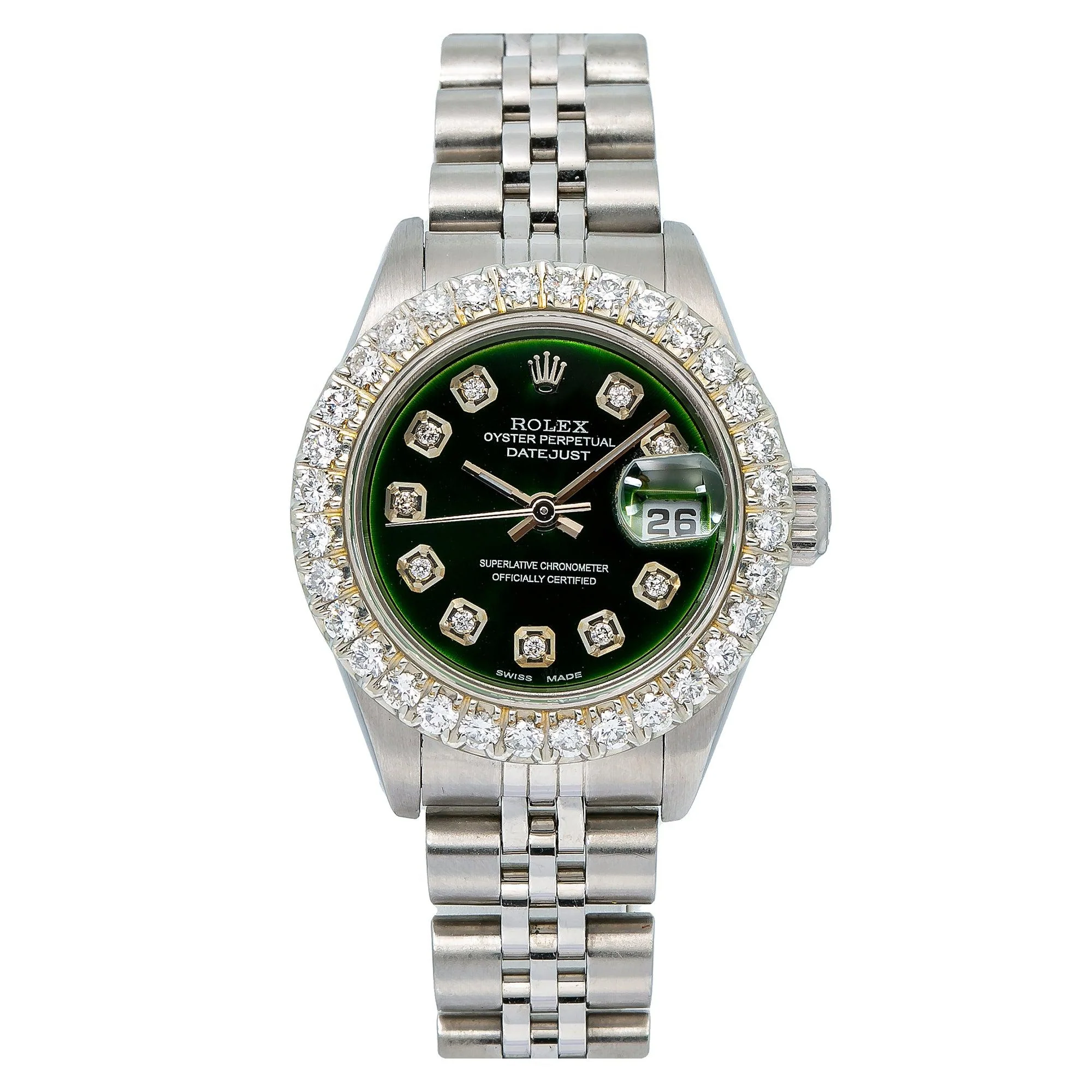 Rolex Datejust 26MM 79240 Green Diamond Dial Diamond Bezel Stainless Steel Jubilee Bracelet
