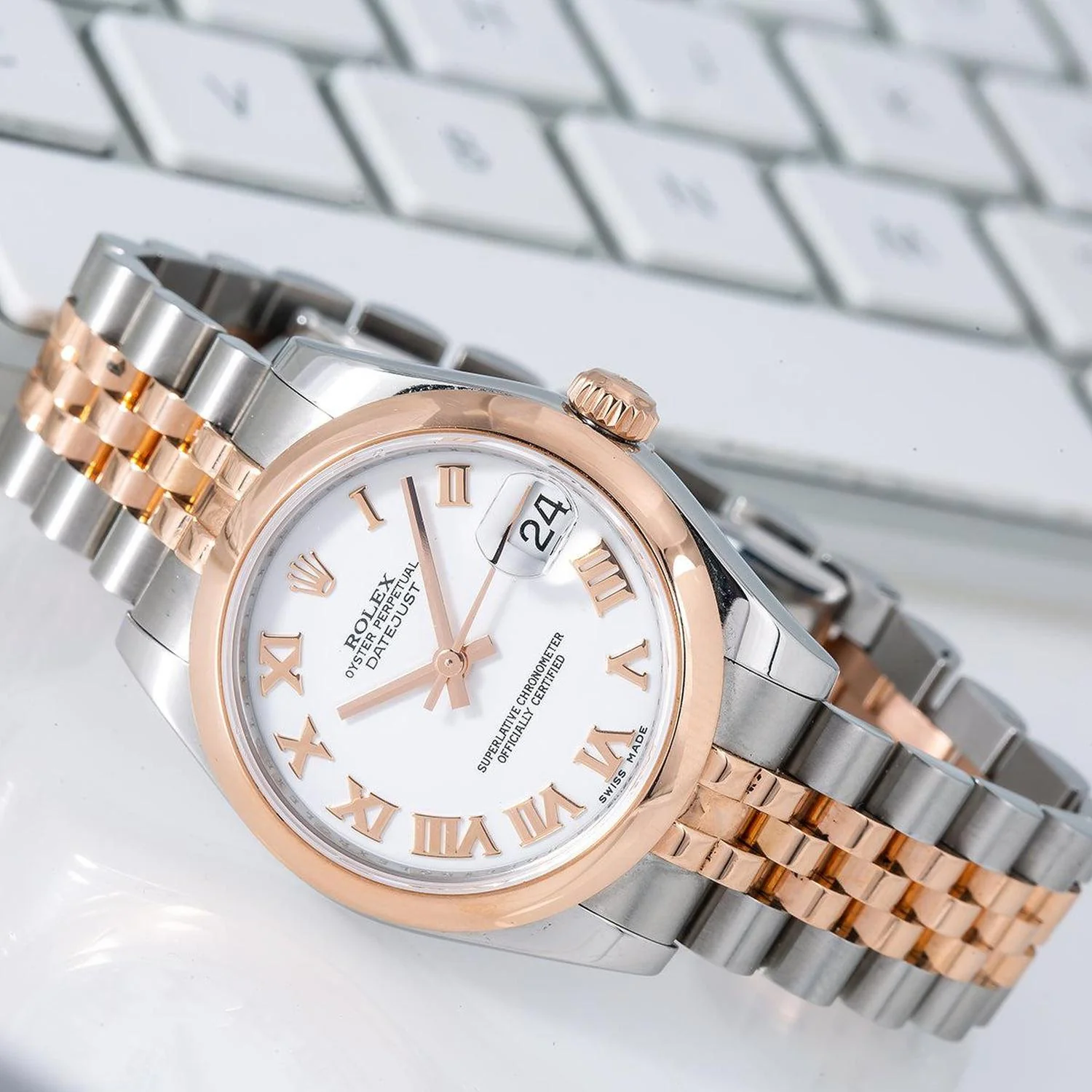 Rolex Datejust 31MM 178241 White Roman Dial Smooth Bezel Two Tone Rose Gold Jubilee Bracelet - Image 2
