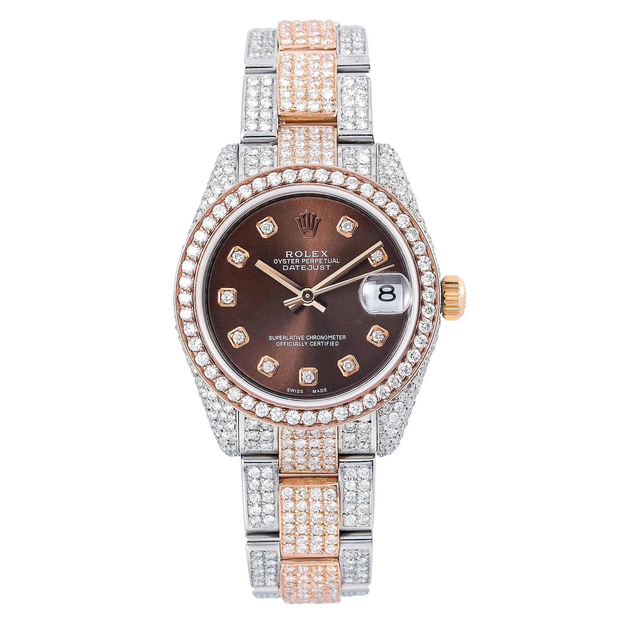 Rolex Datejust 31MM 178271 Chocolate Diamond Dial Diamond Bezel Two Tone Rose Gold Full Diamond Oyster Bracelet 9.75ct