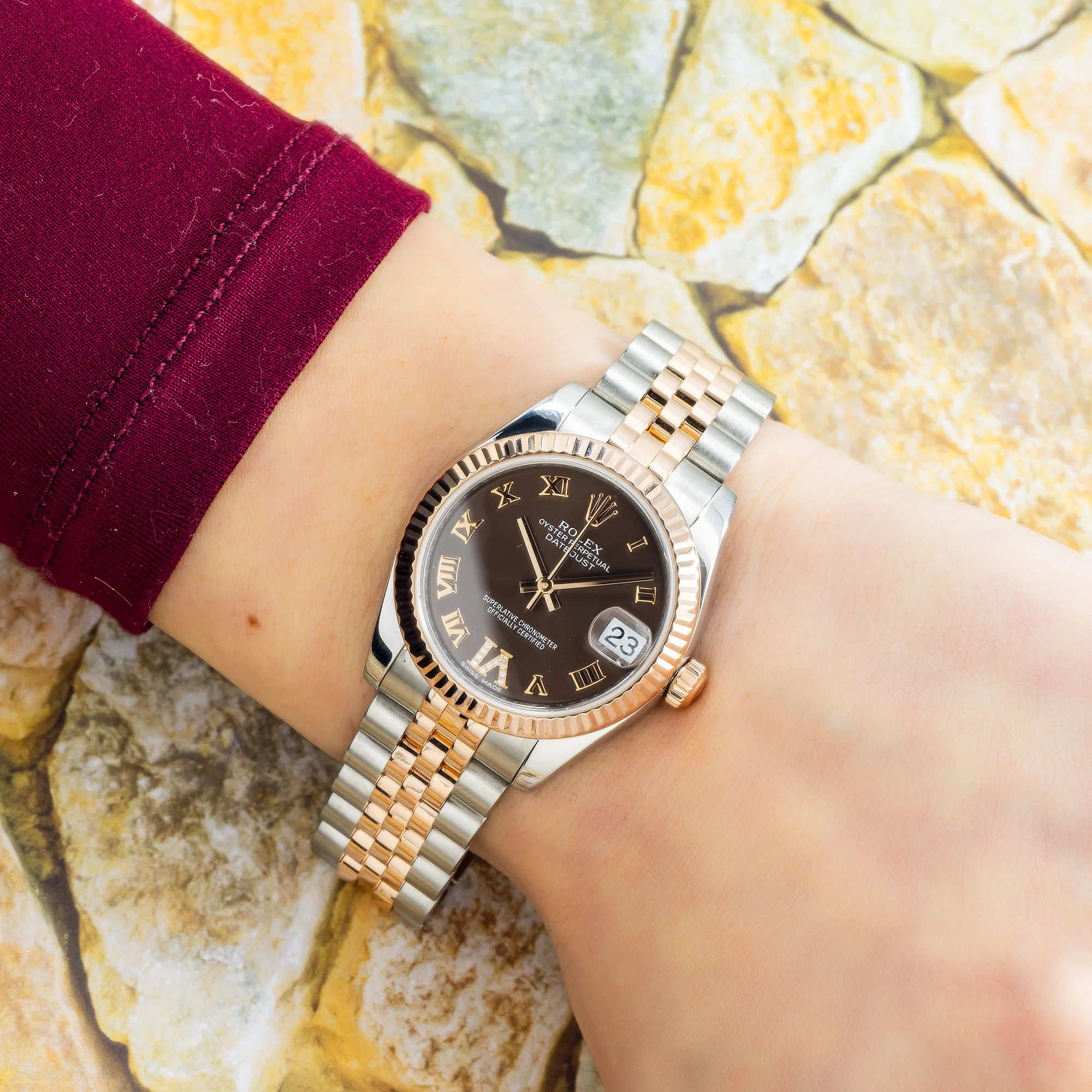 Rolex Datejust 31MM 178271 Chocolate Roman Diamond Dial Fluted Bezel Two Tone Rose Gold Jubilee Bracelet - Image 2