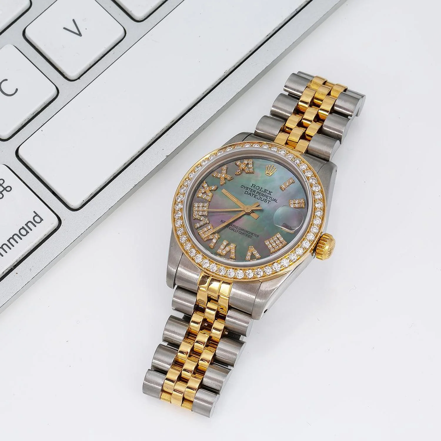 Rolex Datejust 31MM 6824 Black Mother of Pearl Roman Diamond Dial Diamond Bezel Two Tone Yellow Gold Jubilee Bracelet - Image 2