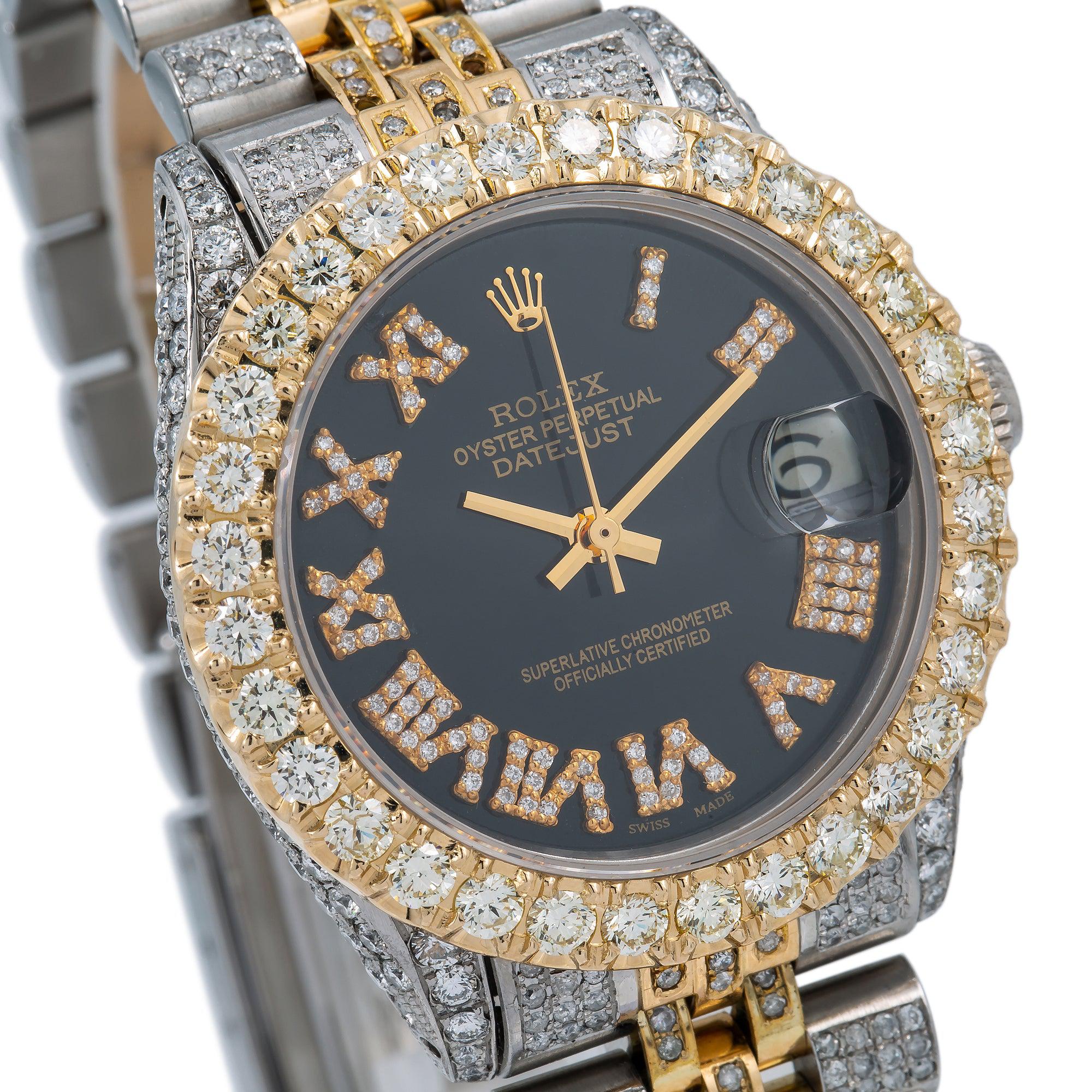 Rolex Datejust 31MM 6824 Black Roman Diamond Dial Diamond Bezel Two Tone Yellow Gold Full Diamond Jubilee Bracelet - Image 3