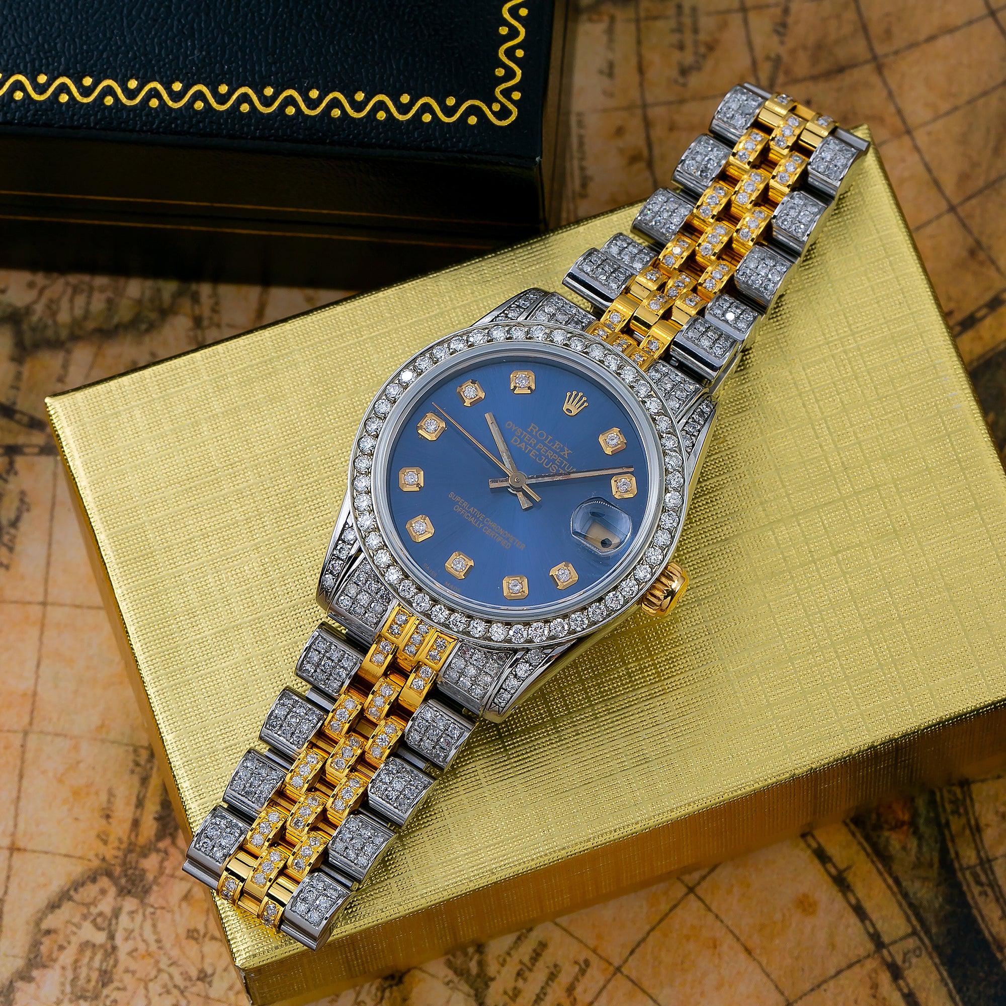 Rolex Datejust 31MM 6824 Blue Diamond Dial Diamond Bezel Two Tone Yellow Gold Full Diamond Jubilee Bracelet - Image 3