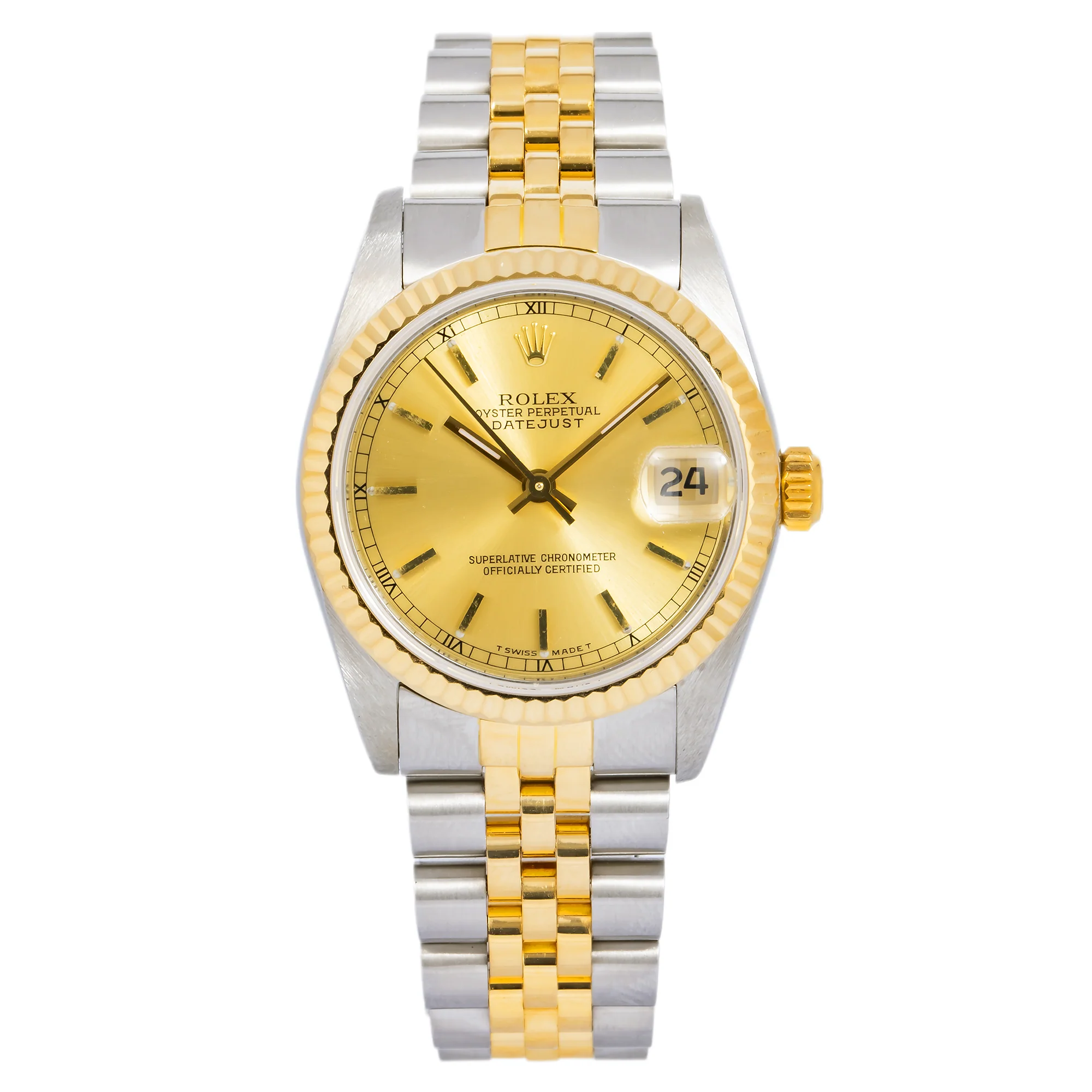 Rolex Datejust 31MM 6824 Champagne Dial Fluted Bezel Two Tone Yellow Gold Jubilee Bracelet