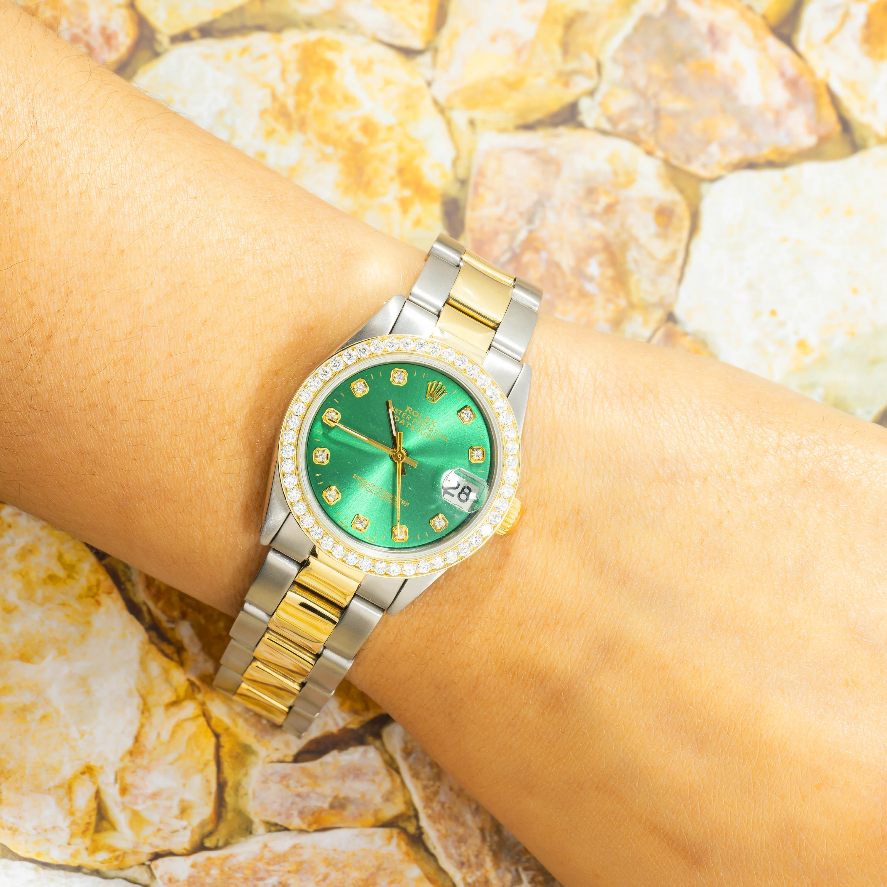 Rolex Datejust 31MM 6824 Green Diamond Dial Diamond Bezel Two Tone Yellow Gold Oyster Bracelet - Image 2
