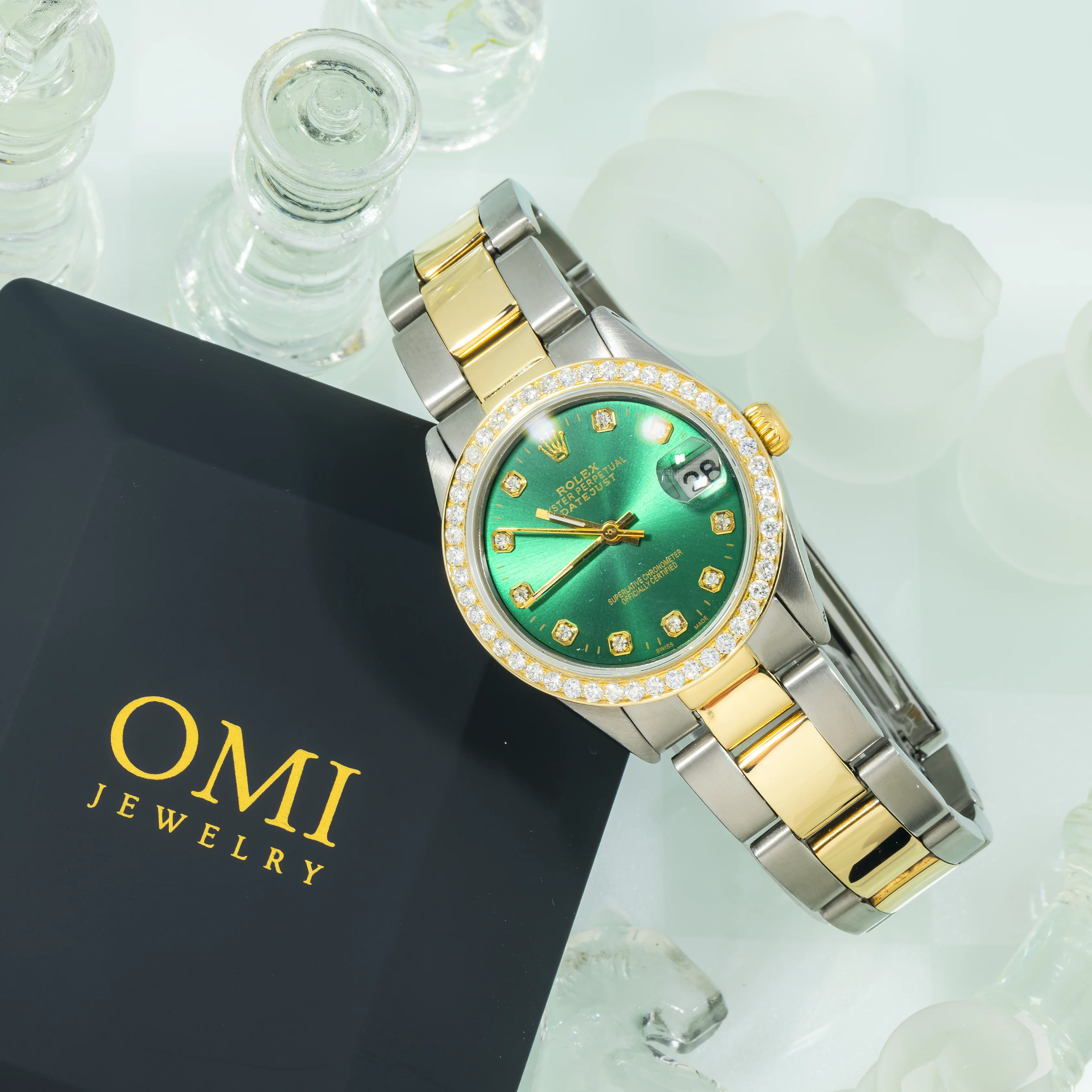 Rolex Datejust 31MM 6824 Green Diamond Dial Diamond Bezel Two Tone Yellow Gold Oyster Bracelet - Image 4