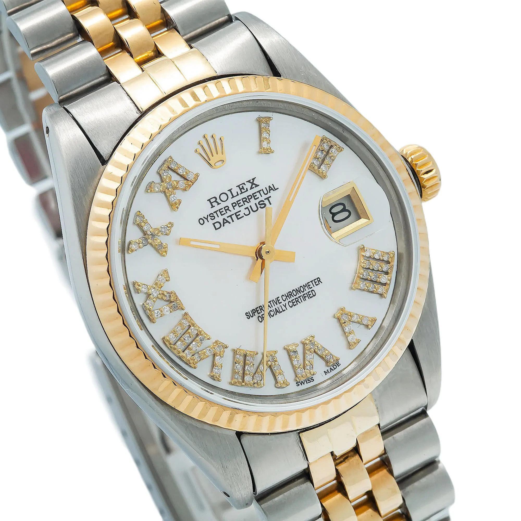Rolex Datejust 31MM 6824 White Mother of Pearl Roman Diamond Dial Fluted Bezel Two Tone Yellow Gold Jubilee Bracelet - Image 3