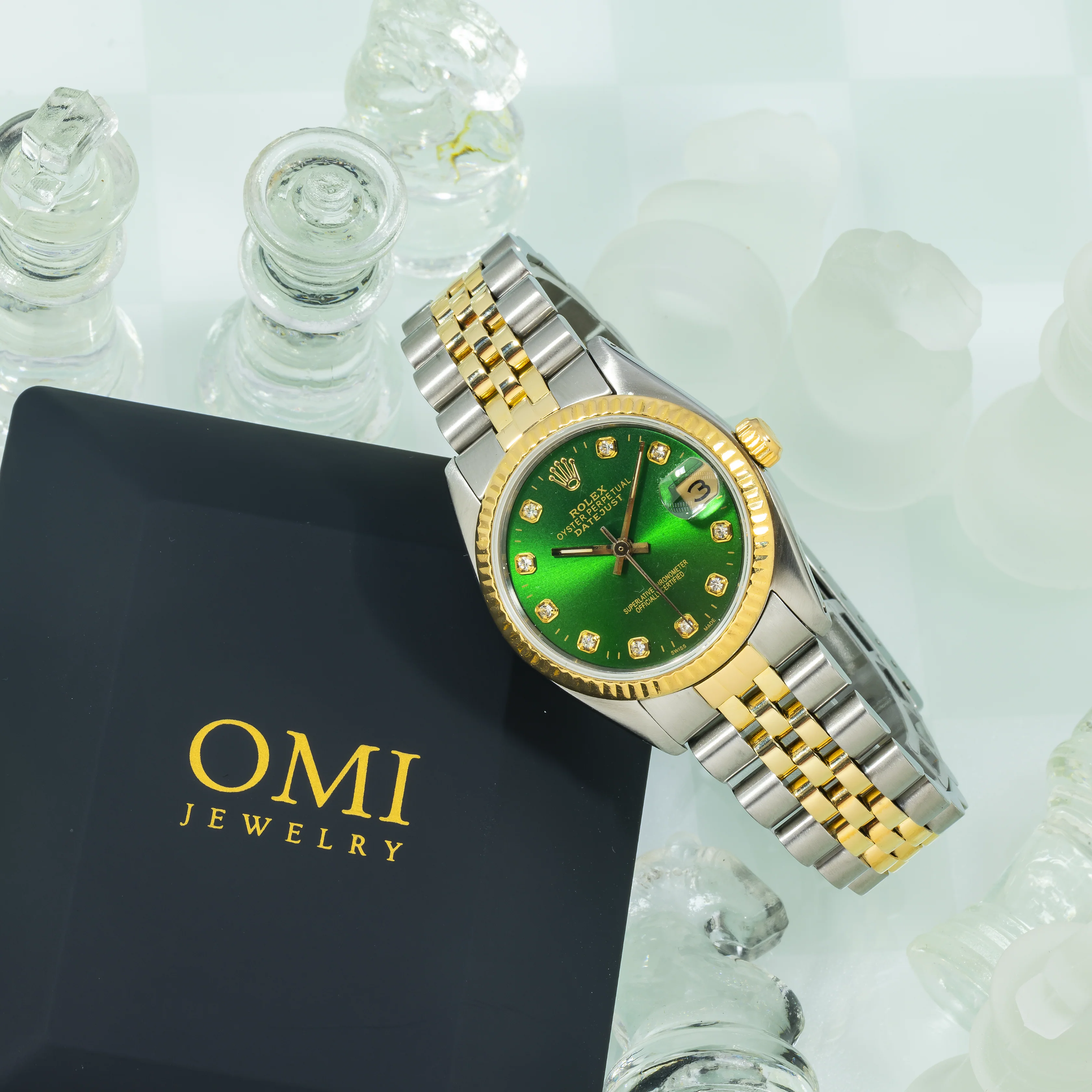 Rolex Datejust 31MM 6827 Green Diamond Dial Fluted Bezel Two Tone Yellow Gold Jubilee Bracelet - Image 4