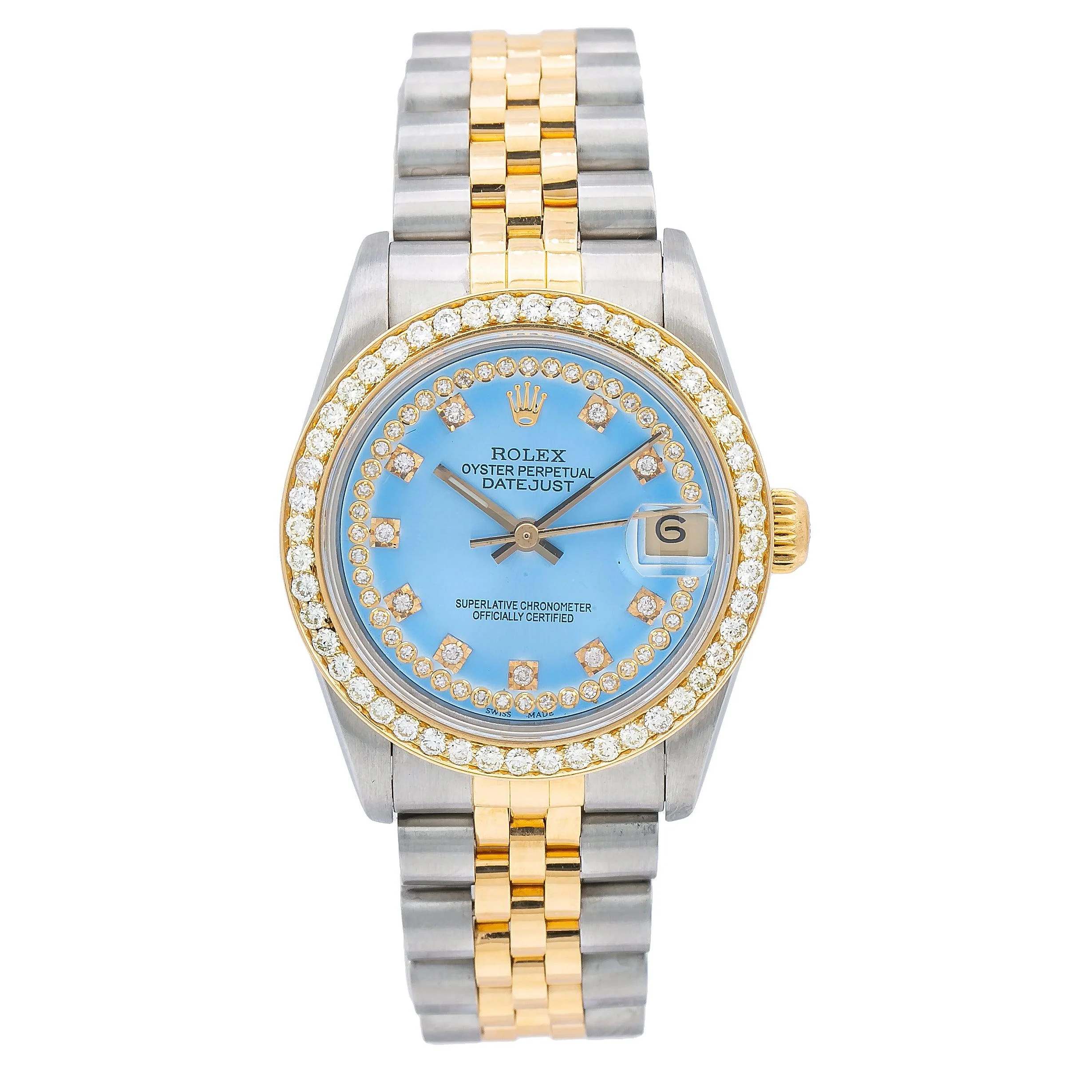 Rolex Datejust 31MM 68273 Blue Diamond Dial Diamond Bezel Two Tone Yellow Gold Jubilee Bracelet 1.05ct
