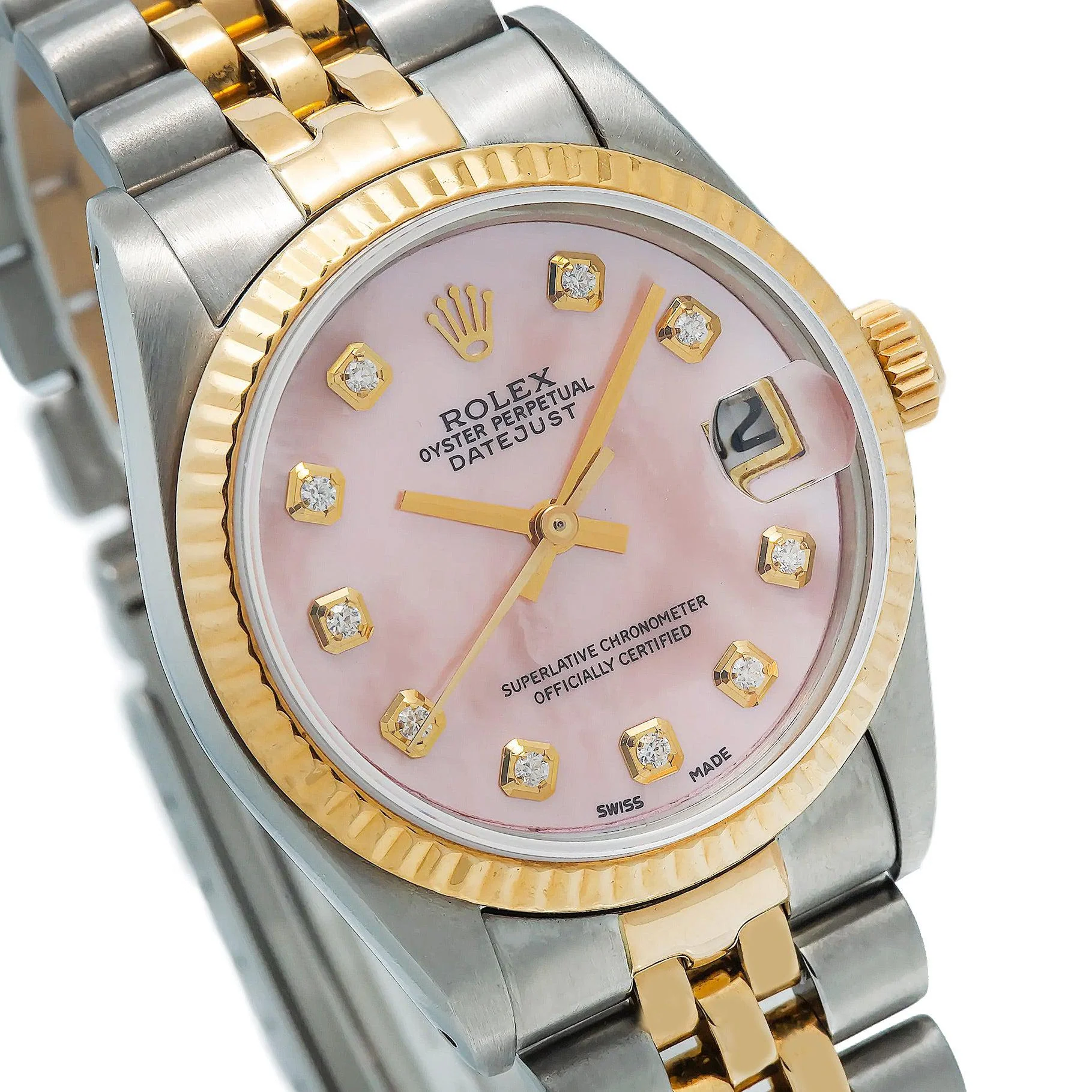 Rolex Datejust 31MM 68273 Pink Mother of Pearl Diamond Dial Fluted Bezel Two Tone Yellow Gold Jubilee Bracelet - Image 3