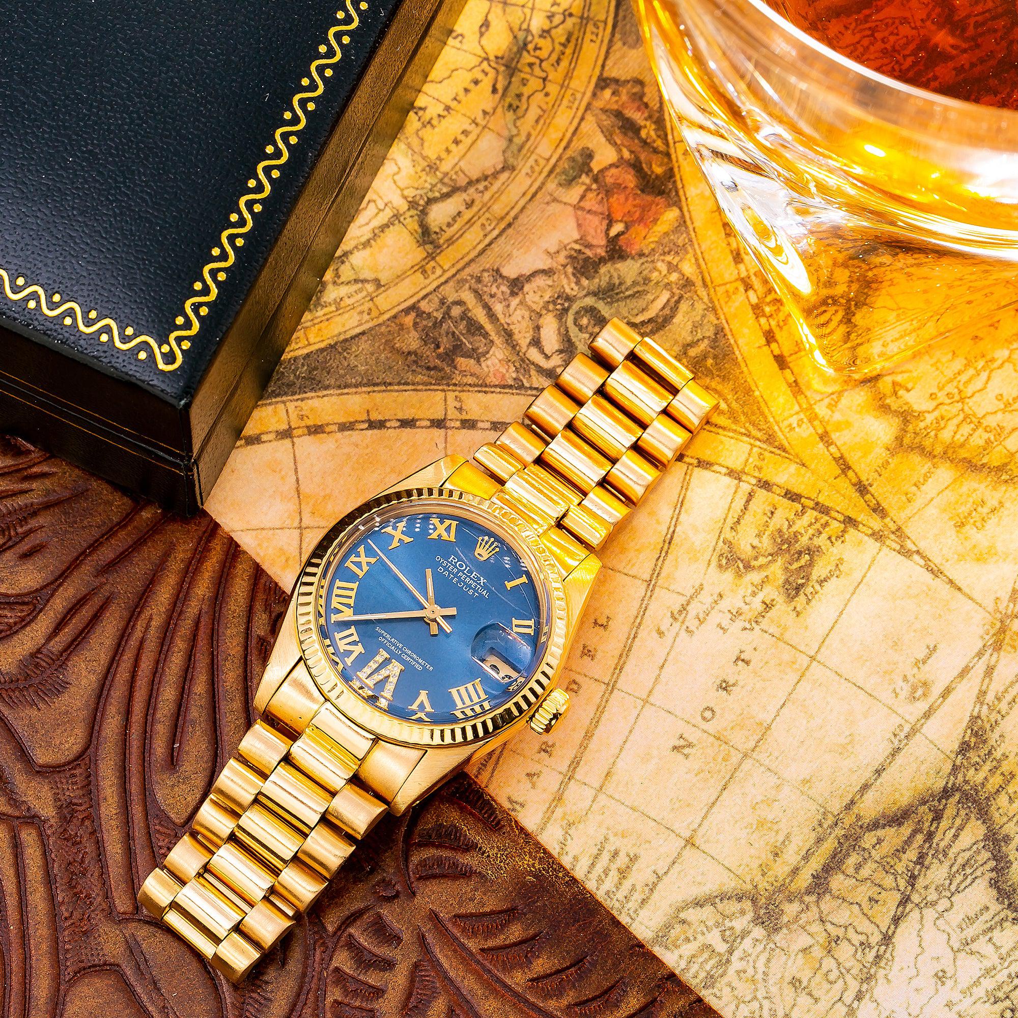 Rolex Datejust 31MM 68278 Blue Roman Diamond Dial Fluted Bezel 18K Yellow Gold President Bracelet - Image 3