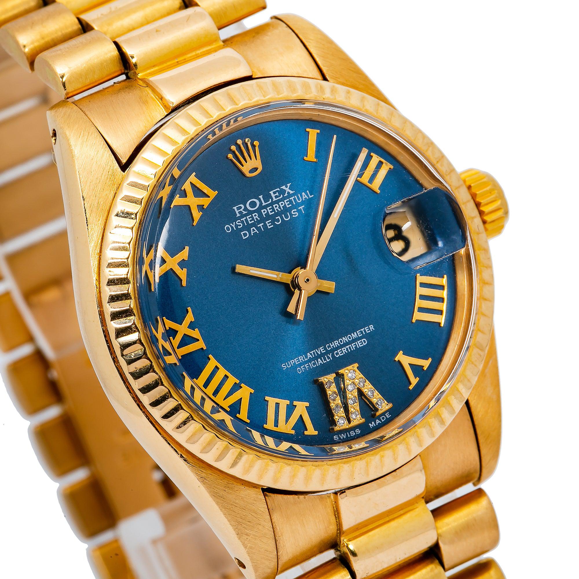 Rolex Datejust 31MM 68278 Blue Roman Diamond Dial Fluted Bezel 18K Yellow Gold President Bracelet - Image 4