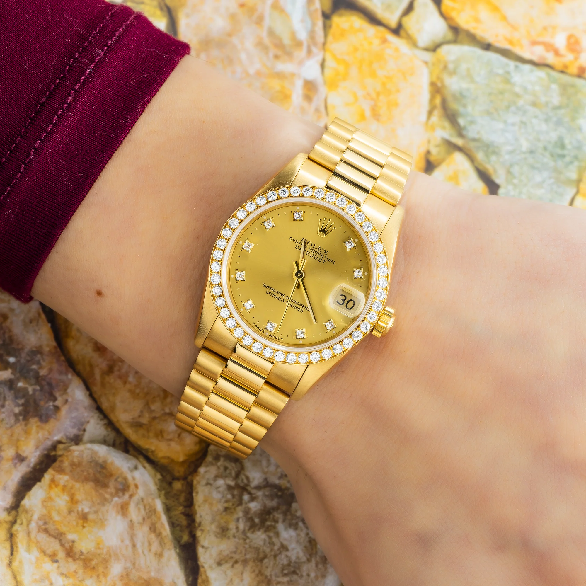 Rolex Datejust 31MM 68278 Champagne Diamond Dial Diamond Bezel 18K Yellow Gold President Bracelet - Image 2