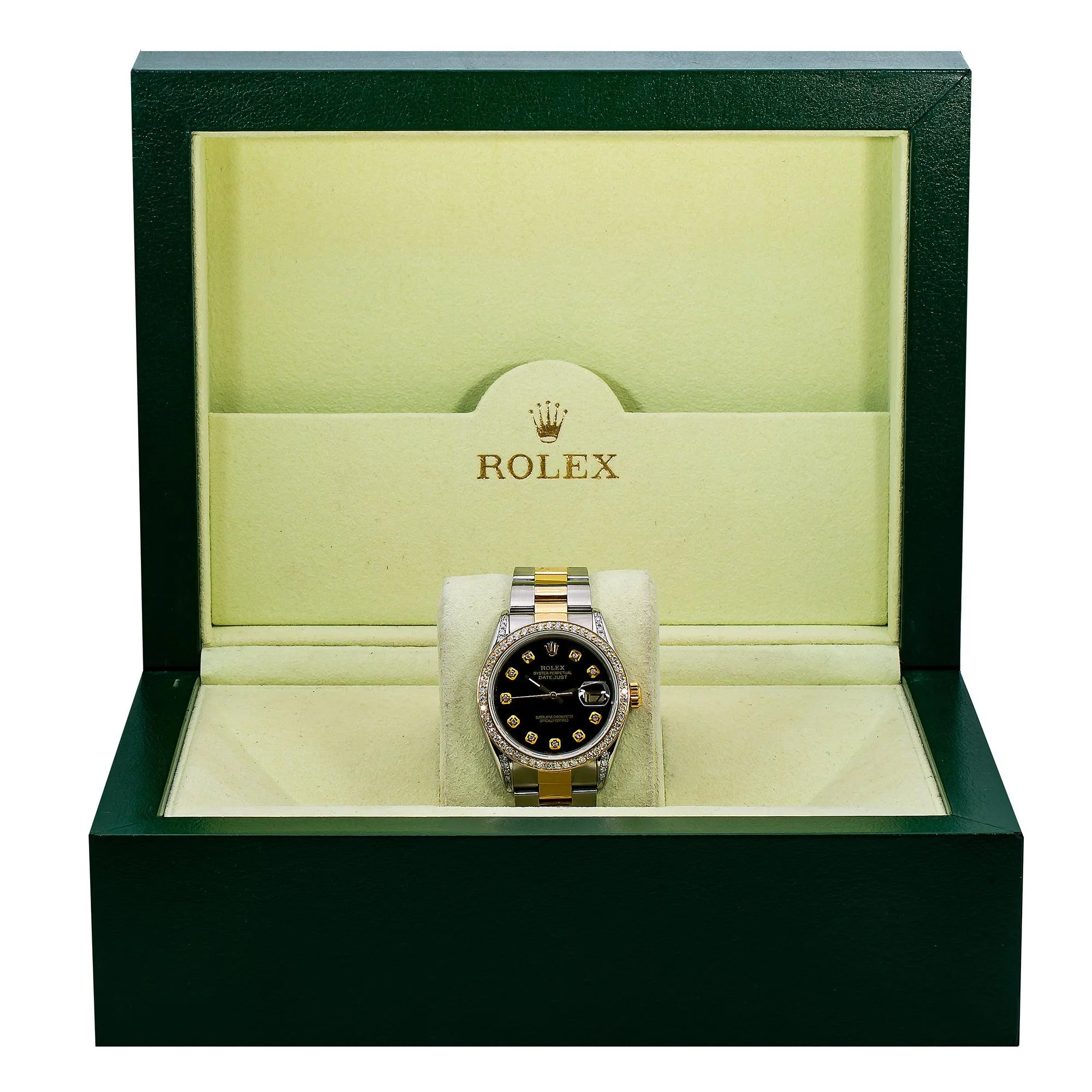 Rolex Datejust 34MM 1505 Black Diamond Dial Diamond Bezel Two Tone Yellow Gold Oyster Bracelet - Image 7