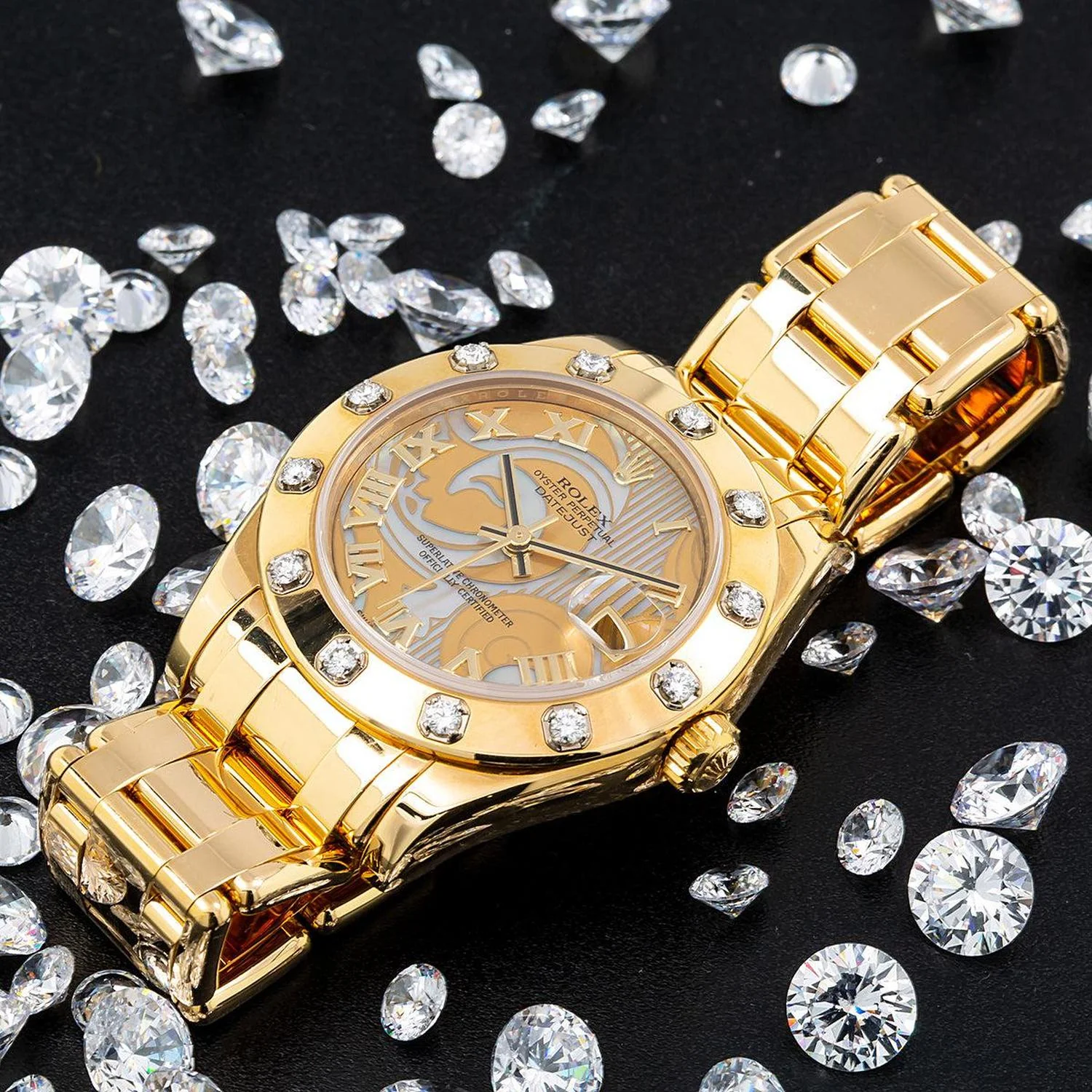 Rolex Datejust 34MM 81318 Champagne Mother of Pearl Roman Dial Diamond Bezel 18K Yellow Gold Pearlmaster Bracelet - Image 7