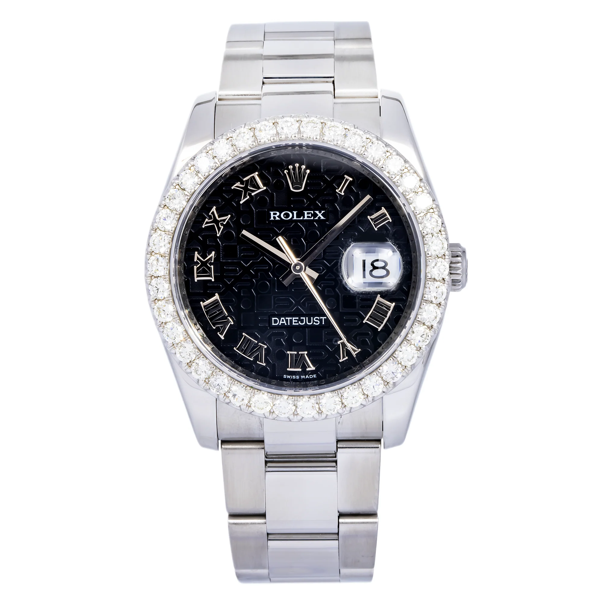 Rolex Datejust 36MM 116200 Black Pattern Roman Dial Diamond Bezel Stainless Steel Oyster Bracelet 3.25ct