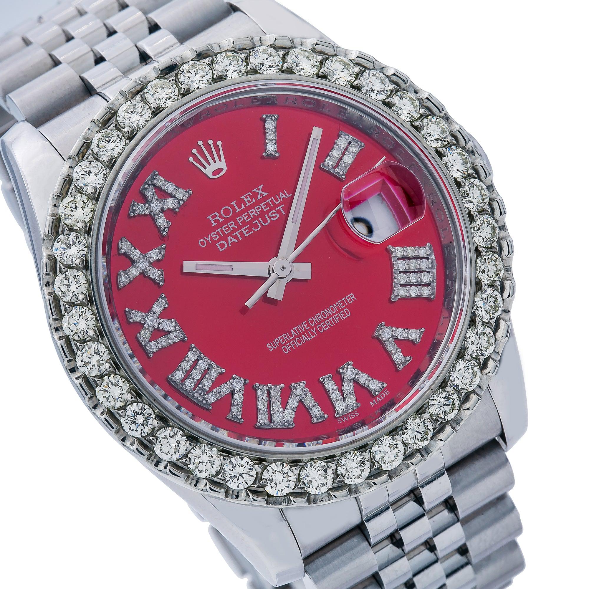 Rolex Datejust 36MM 116200 Red Roman Diamond Dial Diamond Bezel Stainless Steel Jubilee Bracelet - Image 3