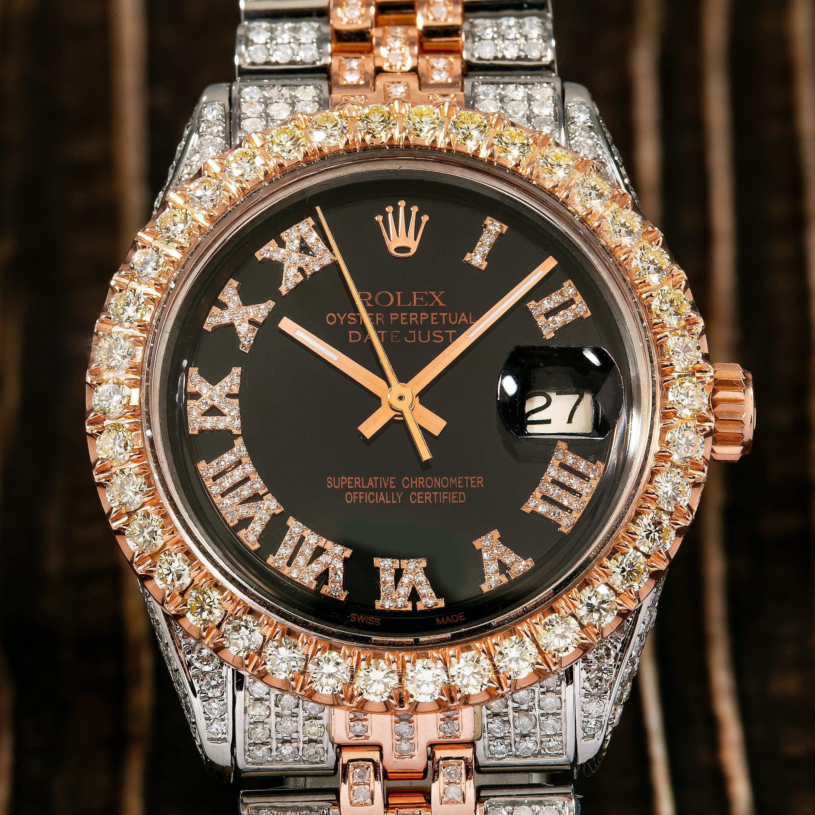 Rolex Datejust 36MM 116201 Black Roman Diamond Dial Diamond Bezel Two Tone Rose Gold Full Diamond Jubilee Bracelet - Image 4