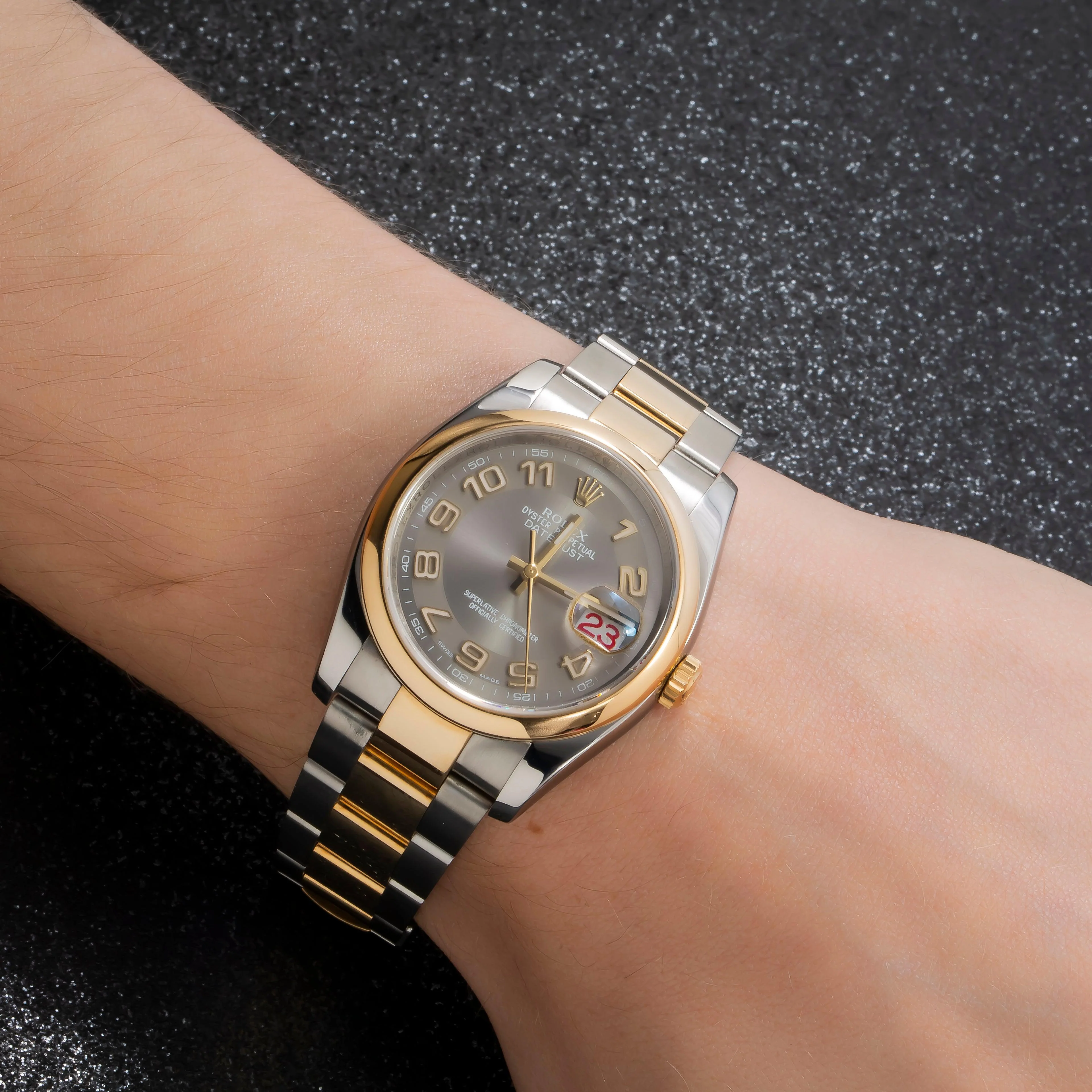 Rolex Datejust 36MM 116203 Gray Concentric Arabic Dial Smooth Bezel Two Tone Yellow Gold Oyster Bracelet - Image 2