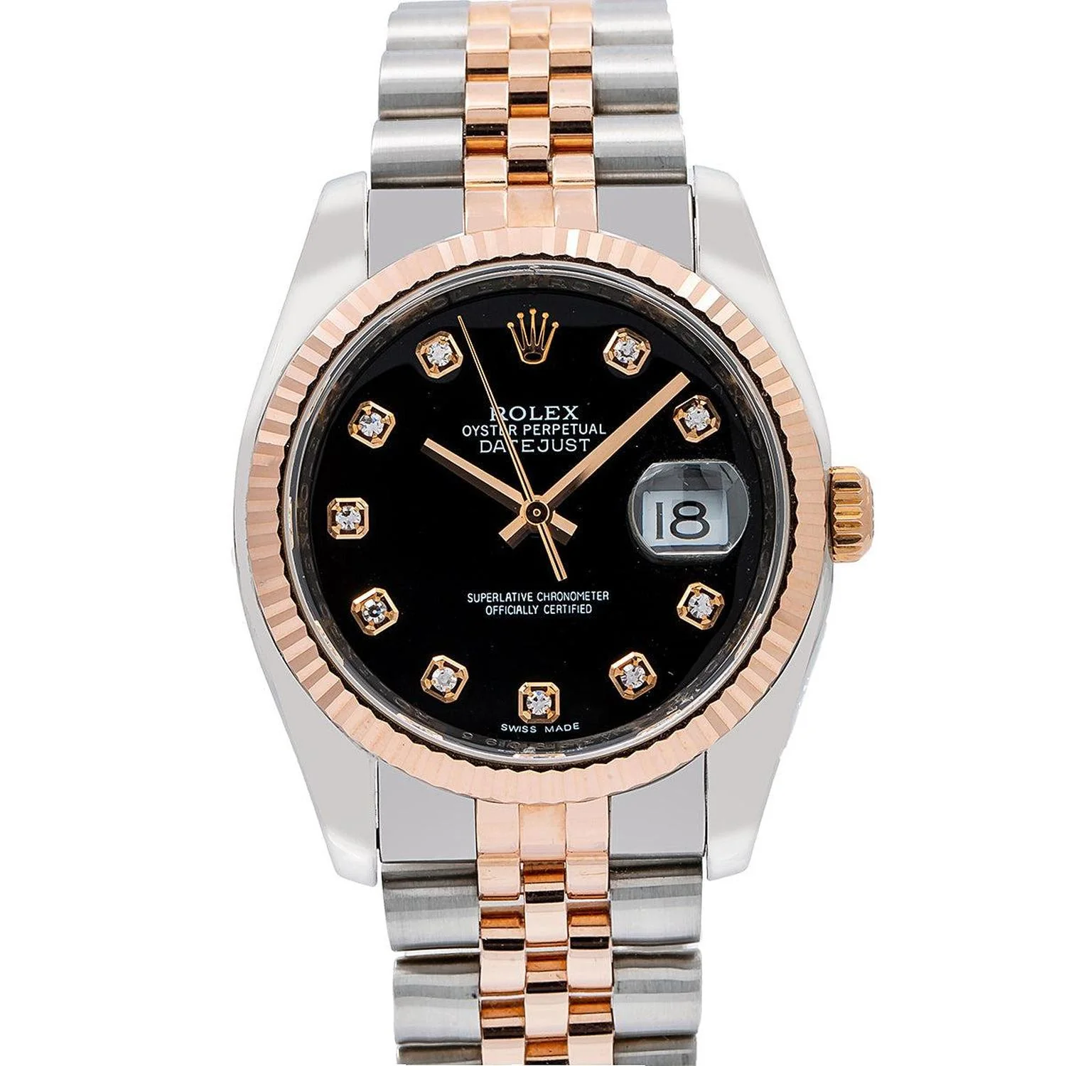 Rolex Datejust 36MM 116231 Black Diamond Dial Fluted Bezel Two Tone Rose Gold Jubilee Bracelet