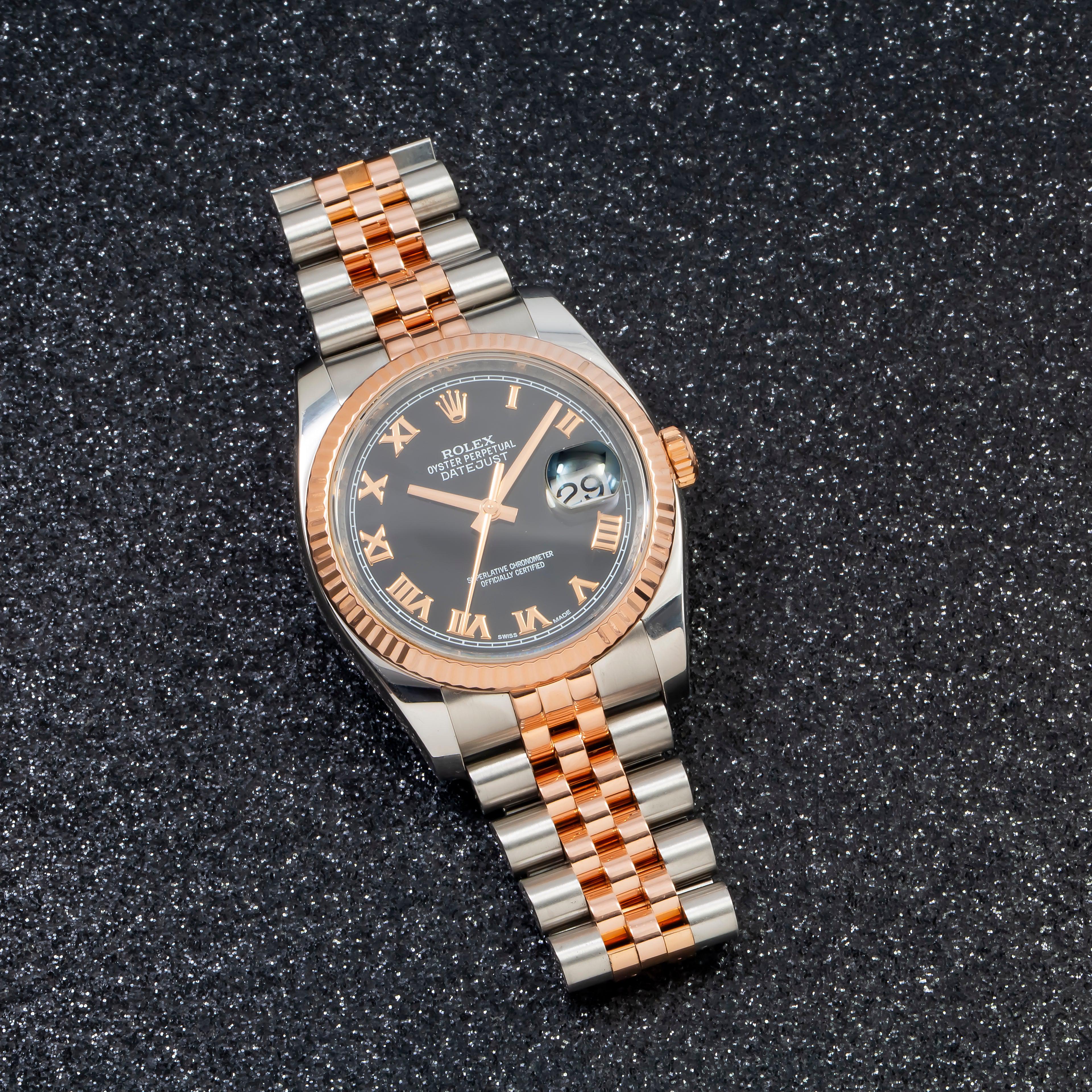 Rolex Datejust 36MM 116231 Black Roman Dial Fluted Bezel Two Tone Rose Gold Jubilee Bracelet - Image 4